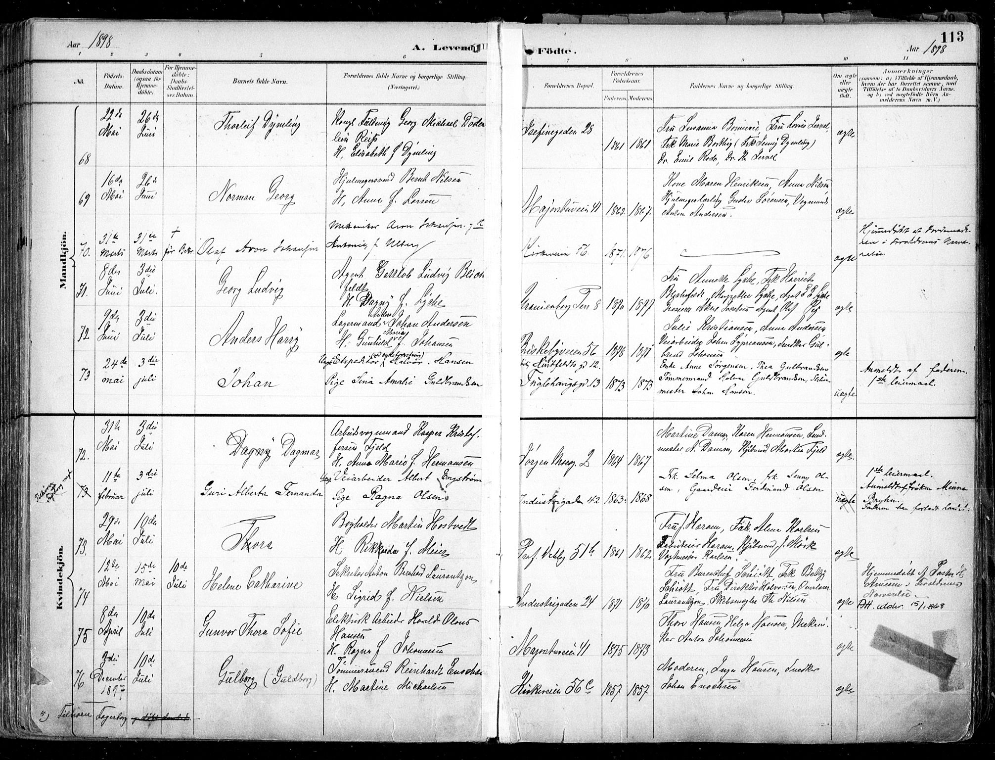 Uranienborg prestekontor Kirkebøker, AV/SAO-A-10877/F/Fa/L0005: Parish register (official) no. 5, 1895-1907, p. 113