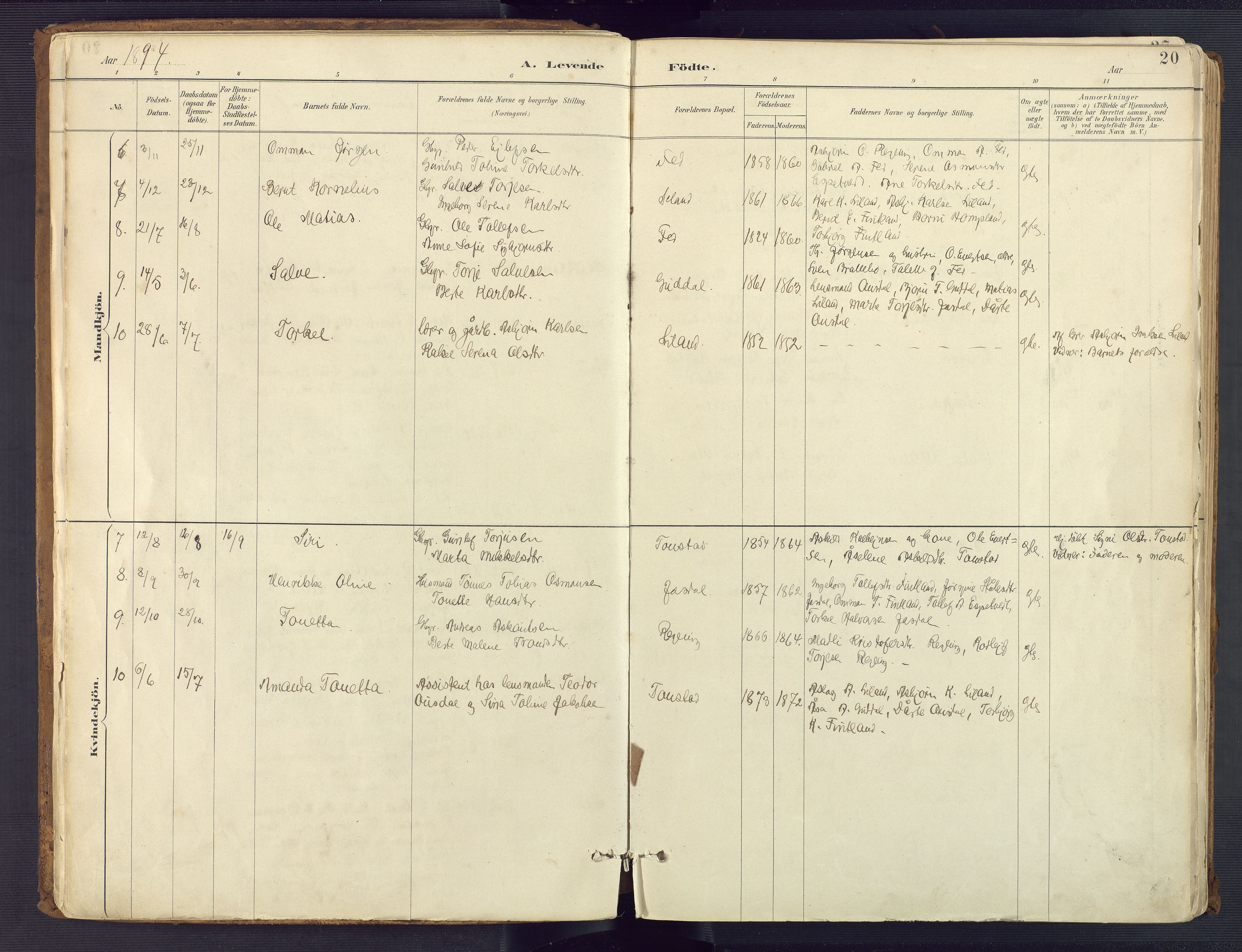 Sirdal sokneprestkontor, AV/SAK-1111-0036/F/Fa/Fab/L0004: Parish register (official) no. A 4, 1887-1919, p. 20