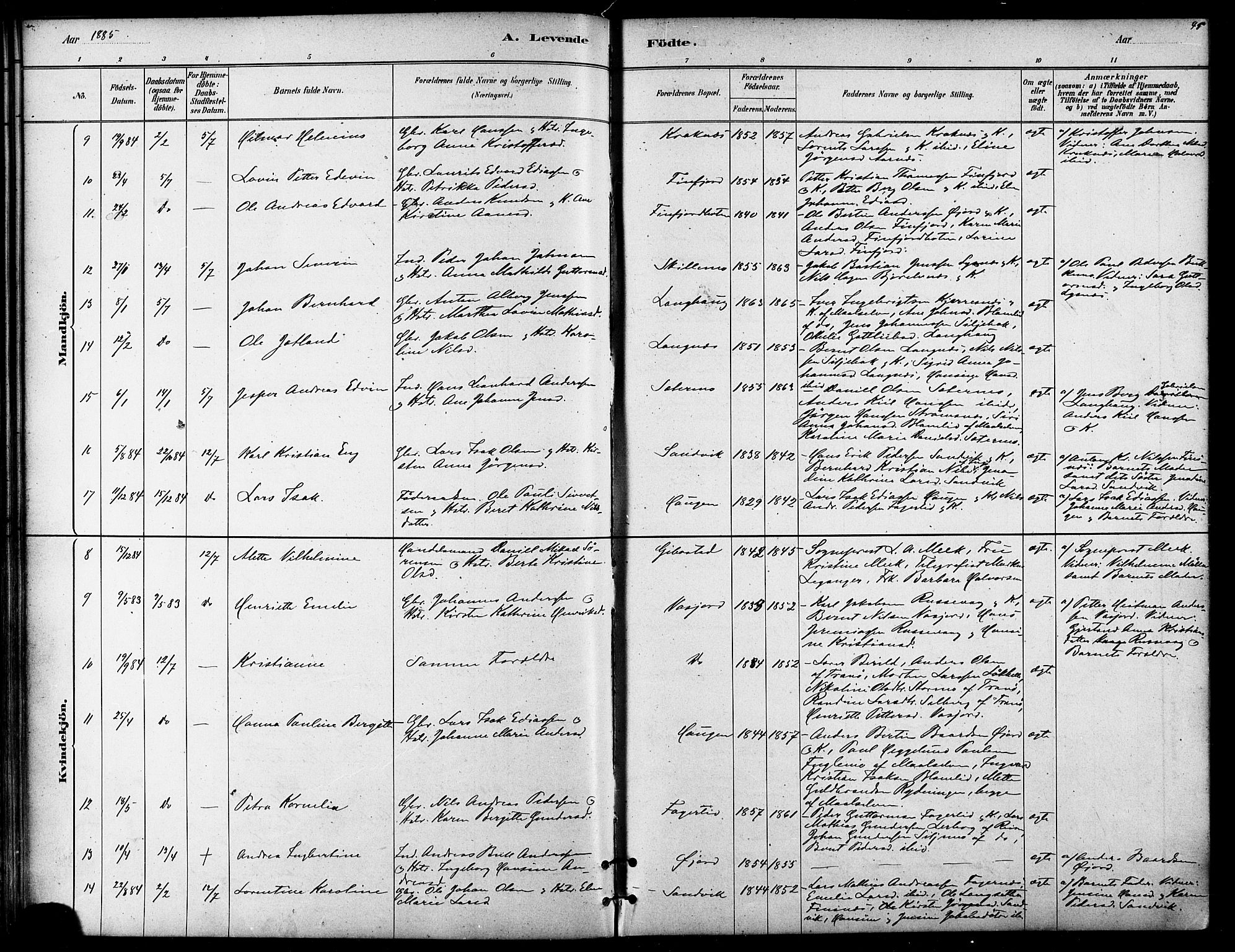 Lenvik sokneprestembete, SATØ/S-1310/H/Ha/Haa/L0011kirke: Parish register (official) no. 11, 1880-1889, p. 45