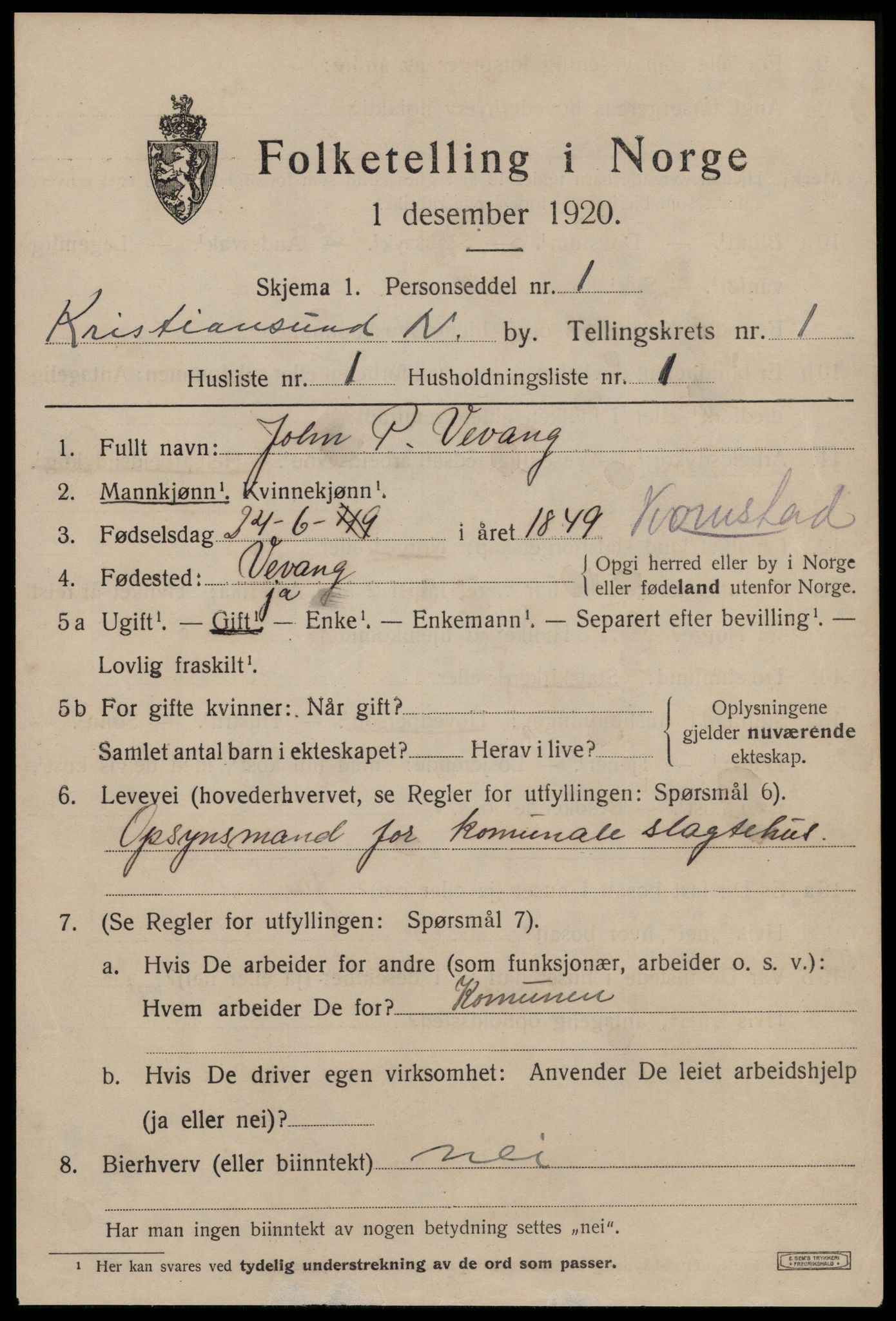 SAT, 1920 census for Kristiansund, 1920, p. 10351