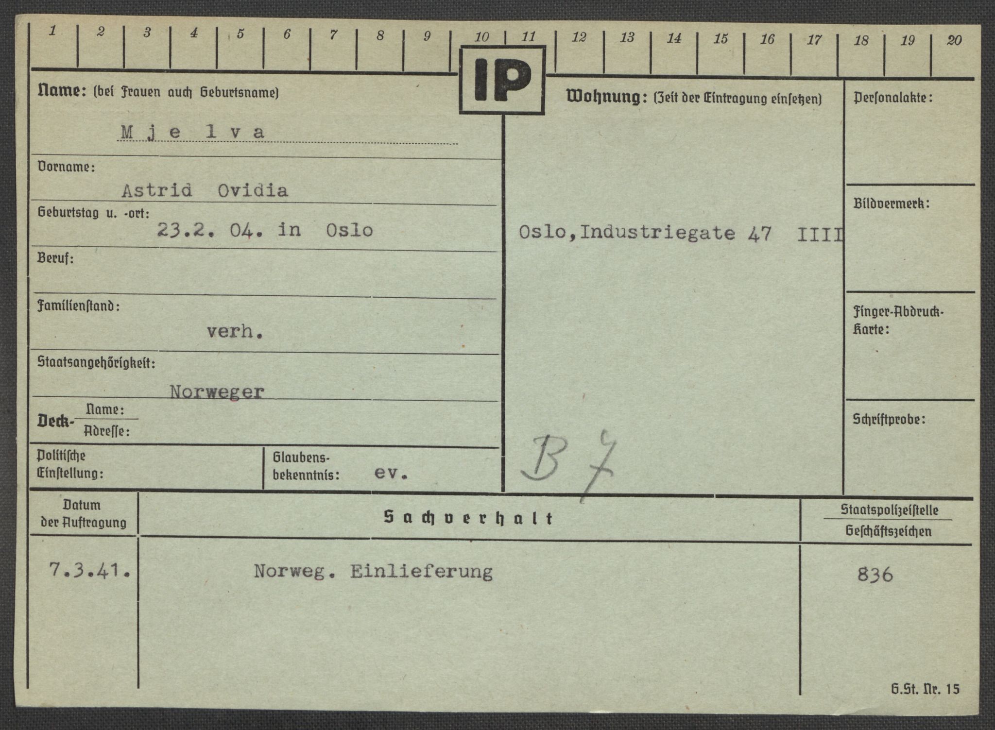 Befehlshaber der Sicherheitspolizei und des SD, RA/RAFA-5969/E/Ea/Eaa/L0007: Register over norske fanger i Møllergata 19: Lundb-N, 1940-1945, p. 666