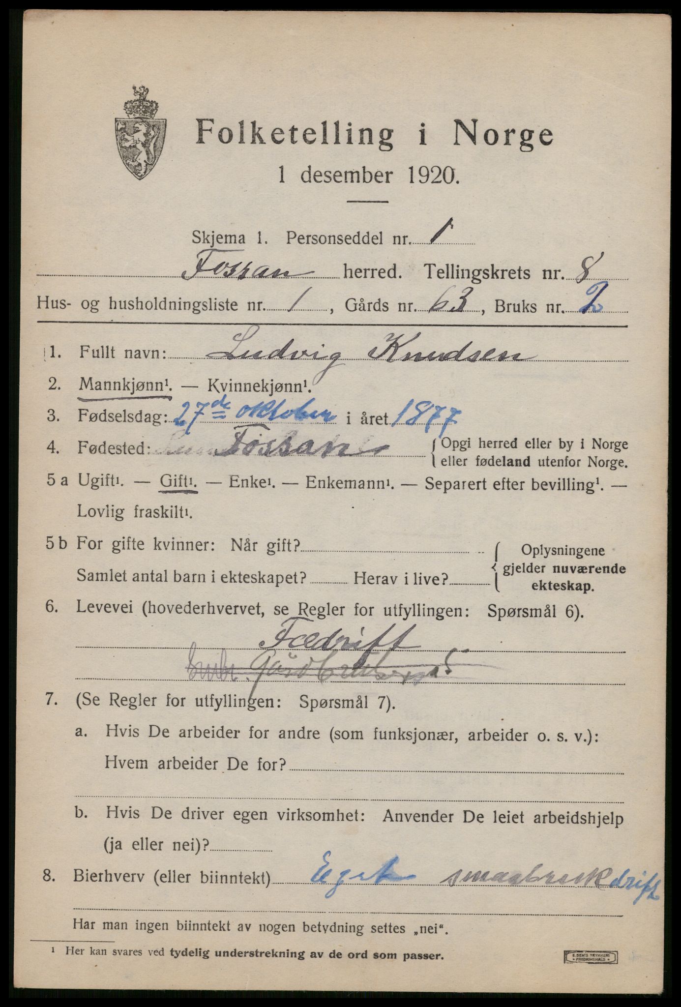 SAST, 1920 census for Forsand, 1920, p. 3769