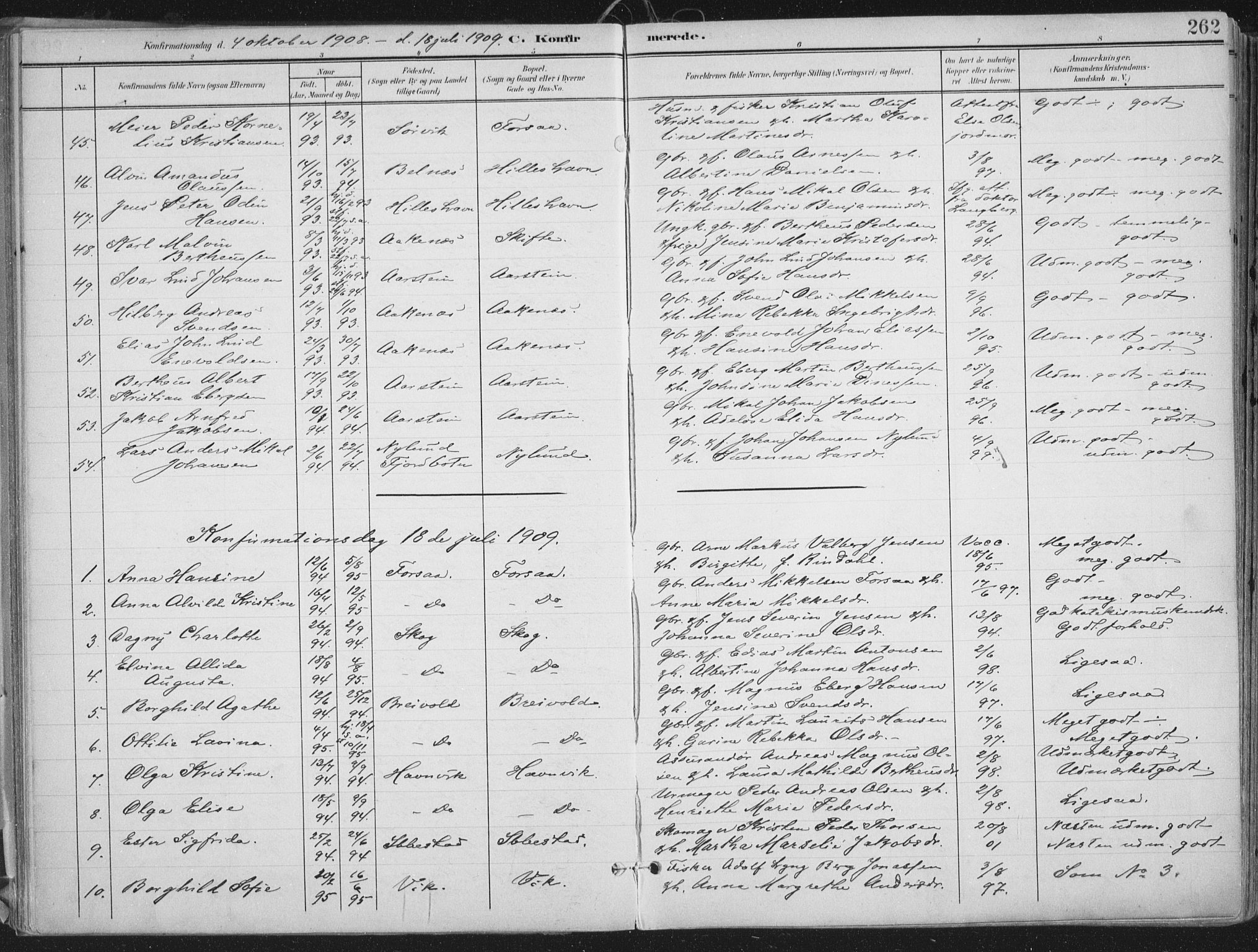 Ibestad sokneprestembete, SATØ/S-0077/H/Ha/Haa/L0017kirke: Parish register (official) no. 17, 1901-1914, p. 262