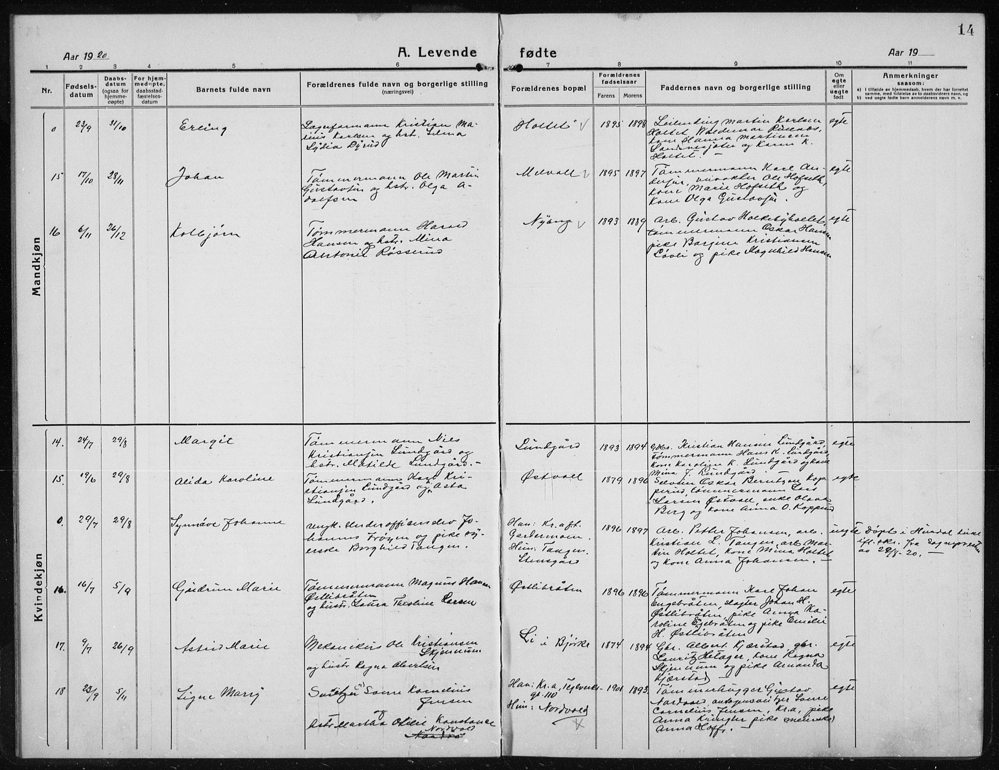 Nannestad prestekontor Kirkebøker, AV/SAO-A-10414a/G/Gc/L0002: Parish register (copy) no. III 2, 1917-1940, p. 14