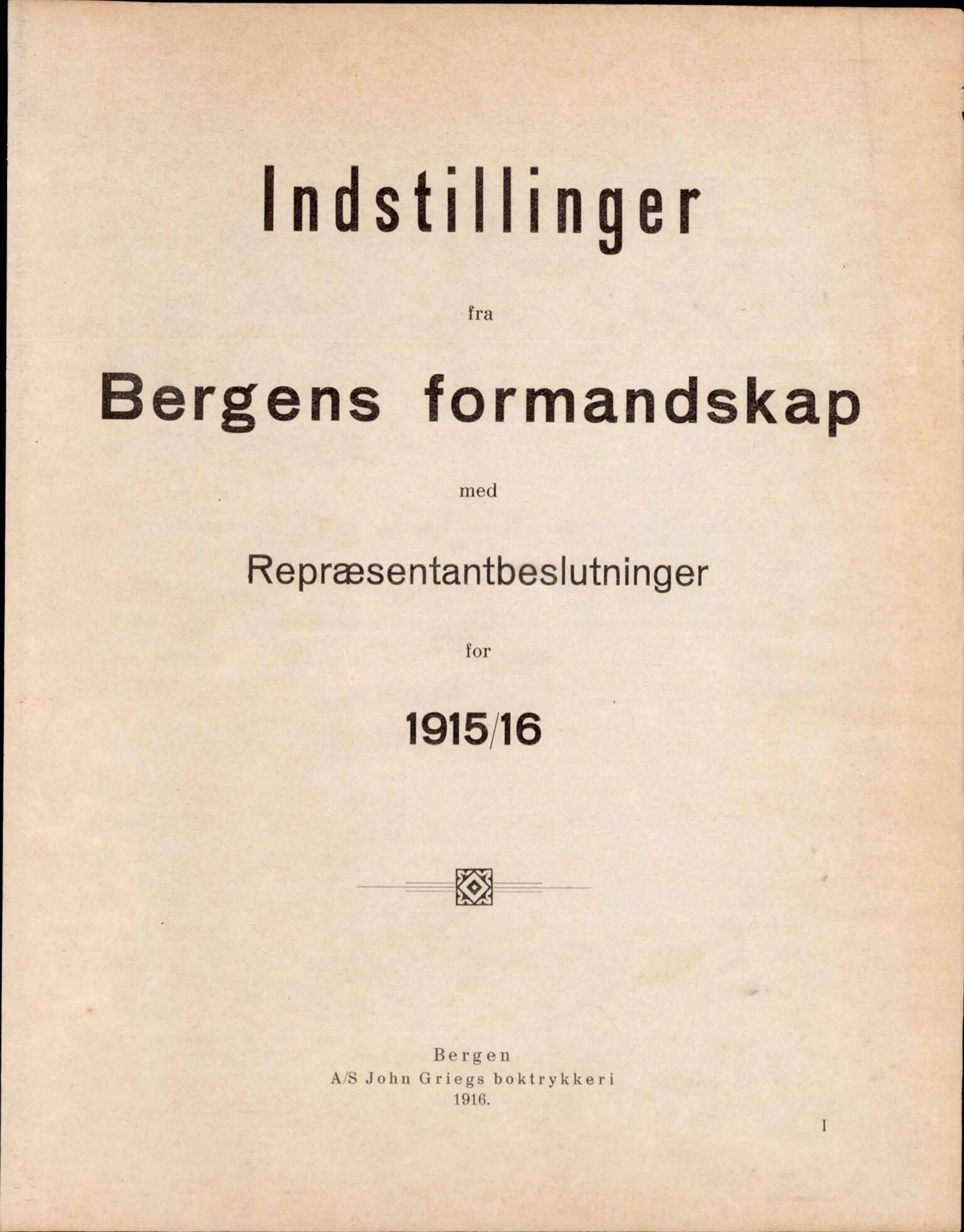 Bergen kommune. Formannskapet, BBA/A-0003/Ad/L0092: Bergens Kommuneforhandlinger, bind I, 1915-1916