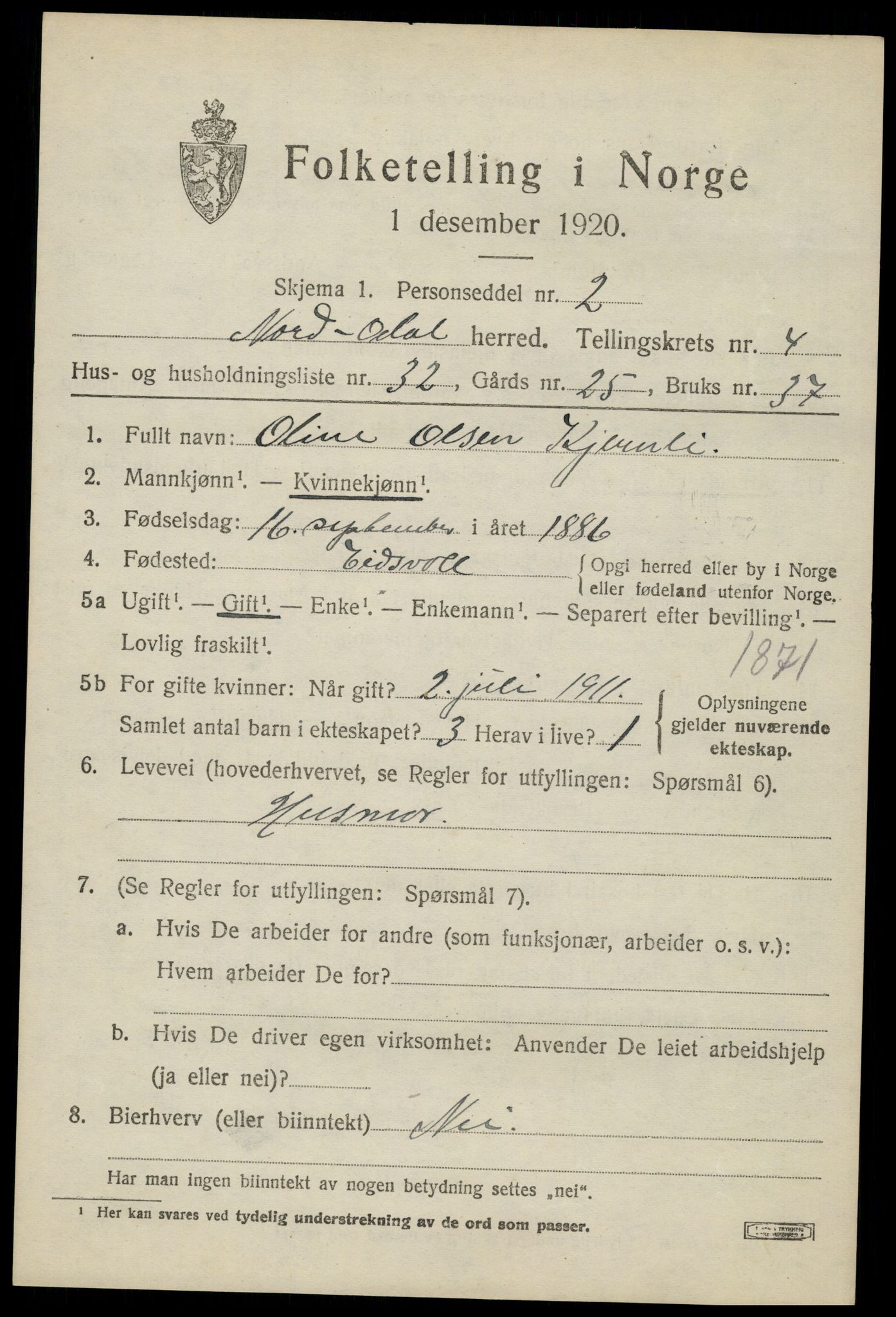 SAH, 1920 census for Nord-Odal, 1920, p. 5025