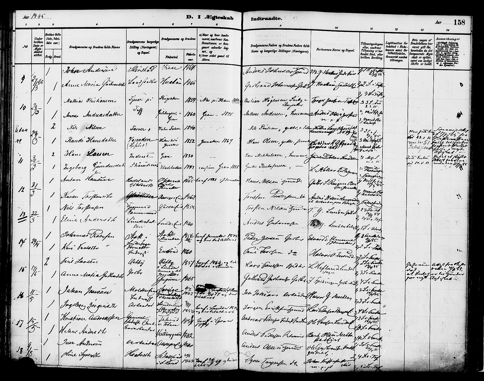Gran prestekontor, SAH/PREST-112/H/Ha/Haa/L0014: Parish register (official) no. 14, 1880-1889, p. 158
