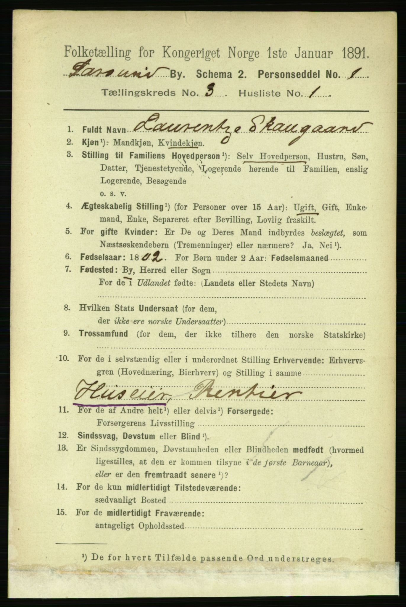 RA, 1891 census for 1003 Farsund, 1891, p. 1303