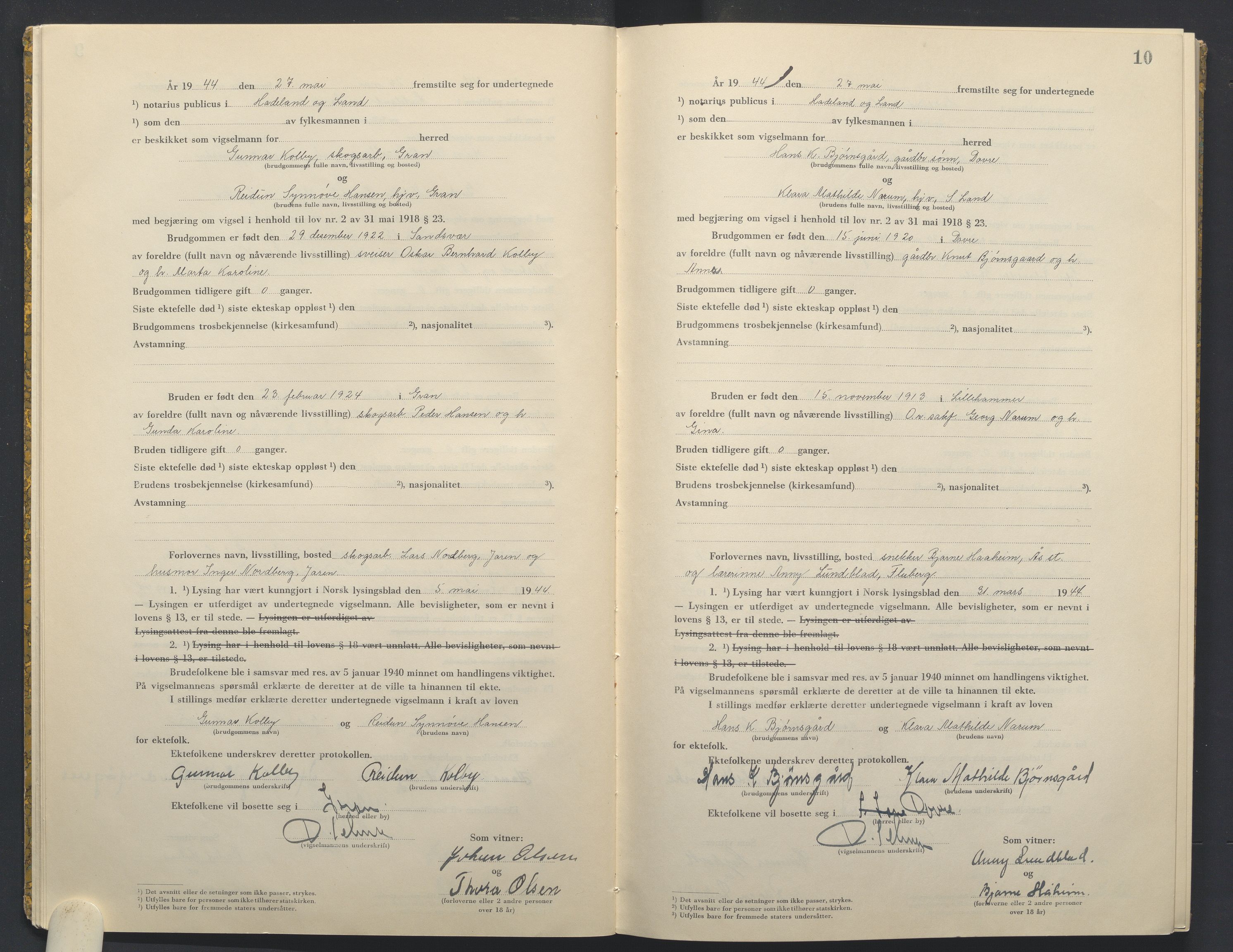 Hadeland og Land tingrett, AV/SAH-TING-010/L/Lb/L0003: Vigselbok, 1944-1946, p. 10