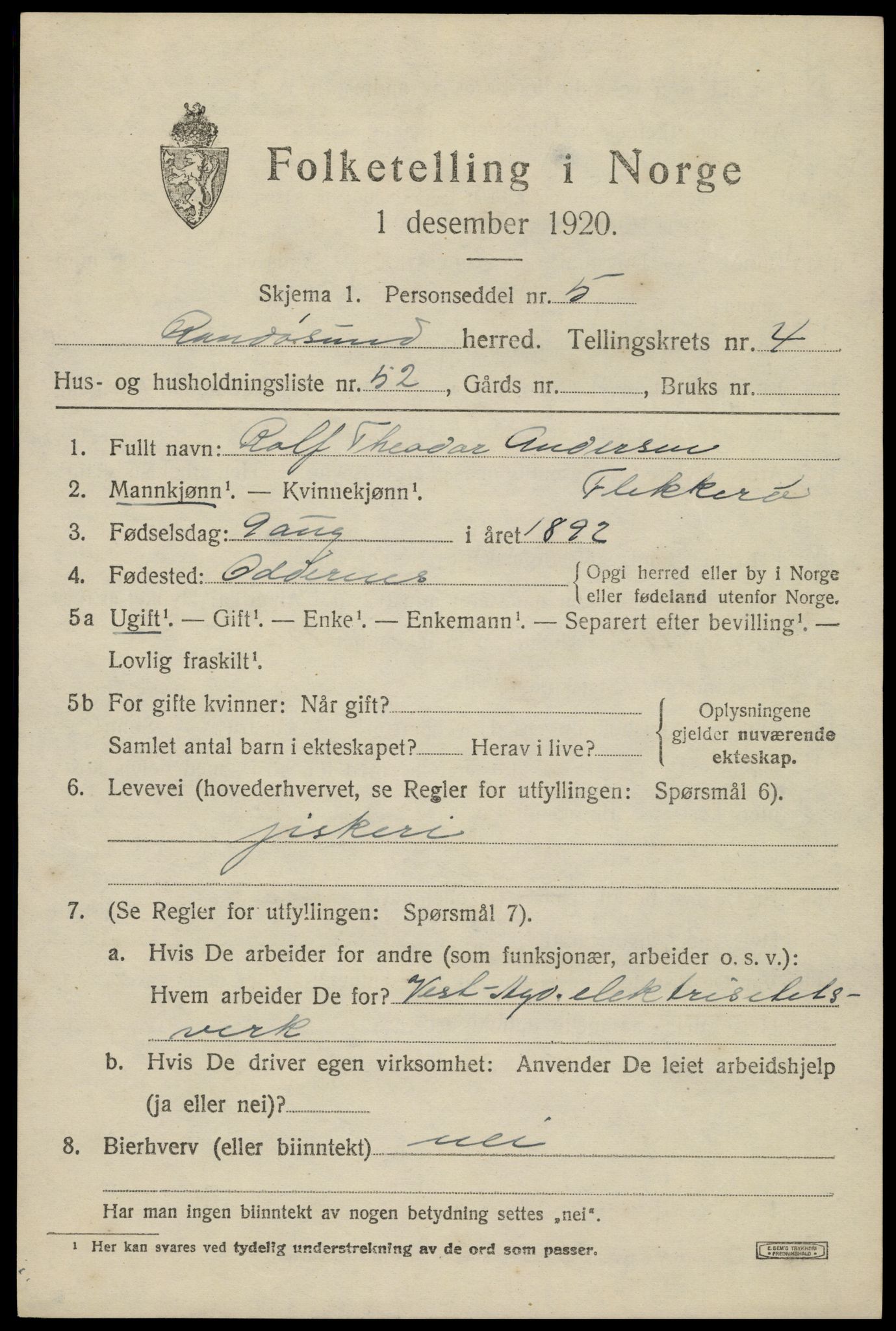 SAK, 1920 census for Randesund, 1920, p. 2308