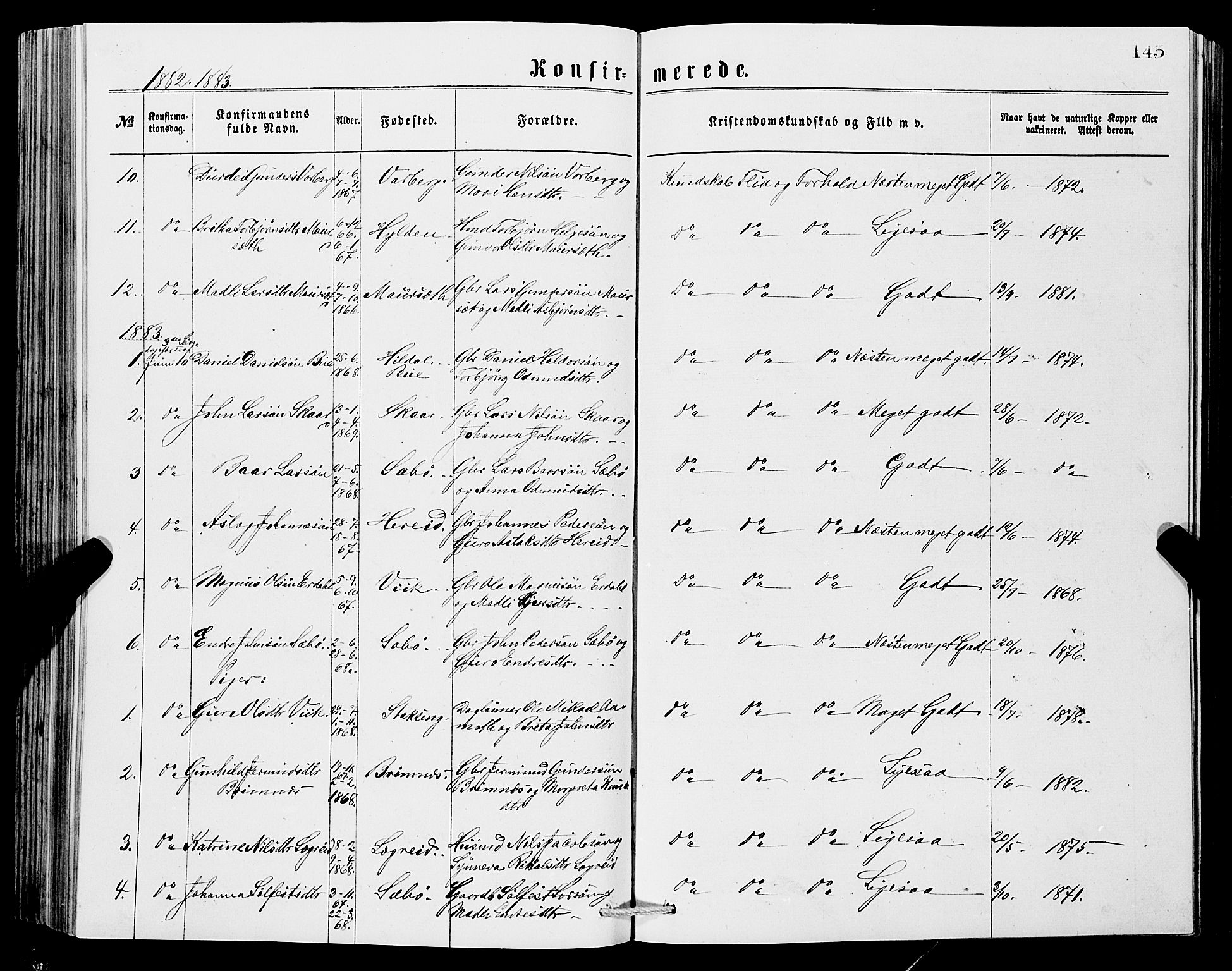 Ullensvang sokneprestembete, SAB/A-78701/H/Hab: Parish register (copy) no. C 2, 1871-1899, p. 145