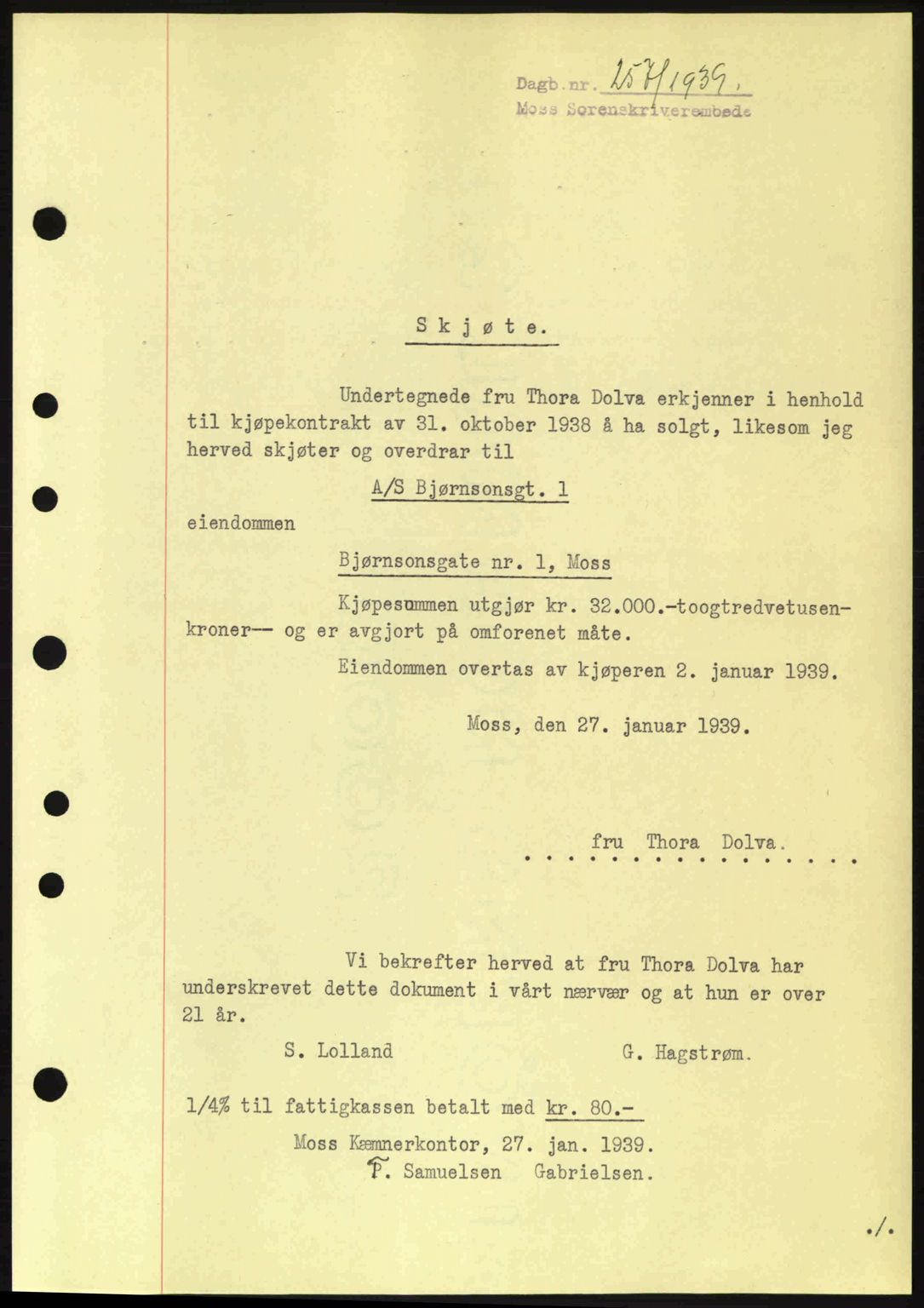 Moss sorenskriveri, SAO/A-10168: Mortgage book no. A5, 1938-1939, Diary no: : 257/1939