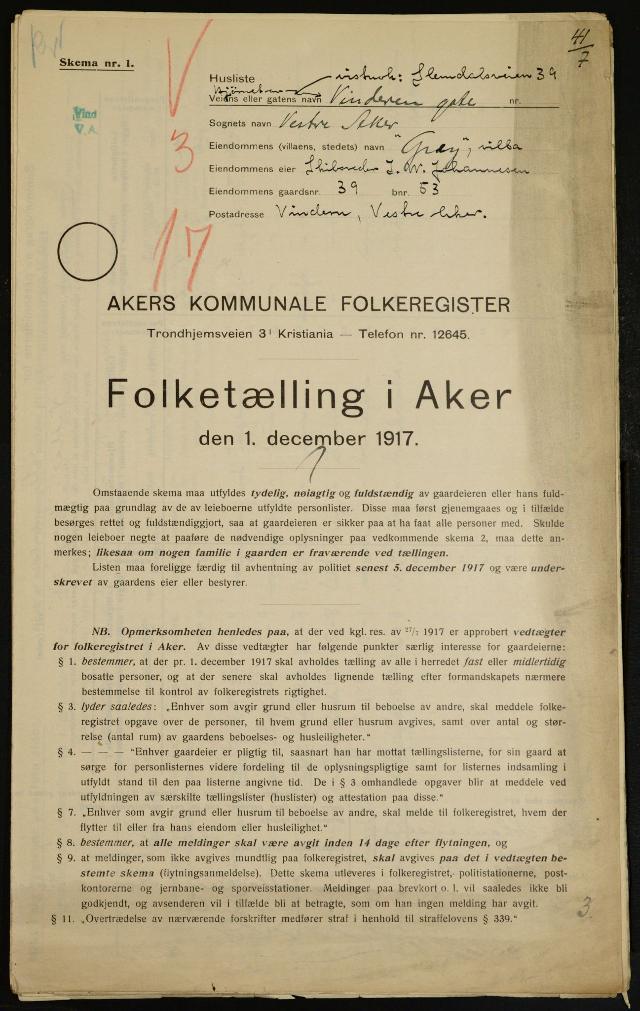 OBA, Municipal Census 1917 for Aker, 1917, p. 9597