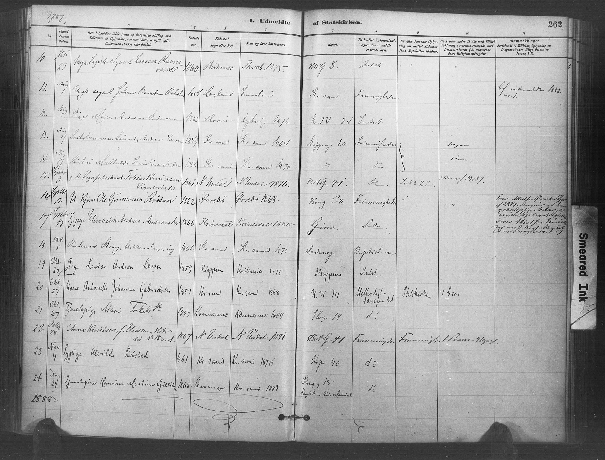 Kristiansand domprosti, AV/SAK-1112-0006/F/Fa/L0018: Parish register (official) no. A 17, 1880-1892, p. 262