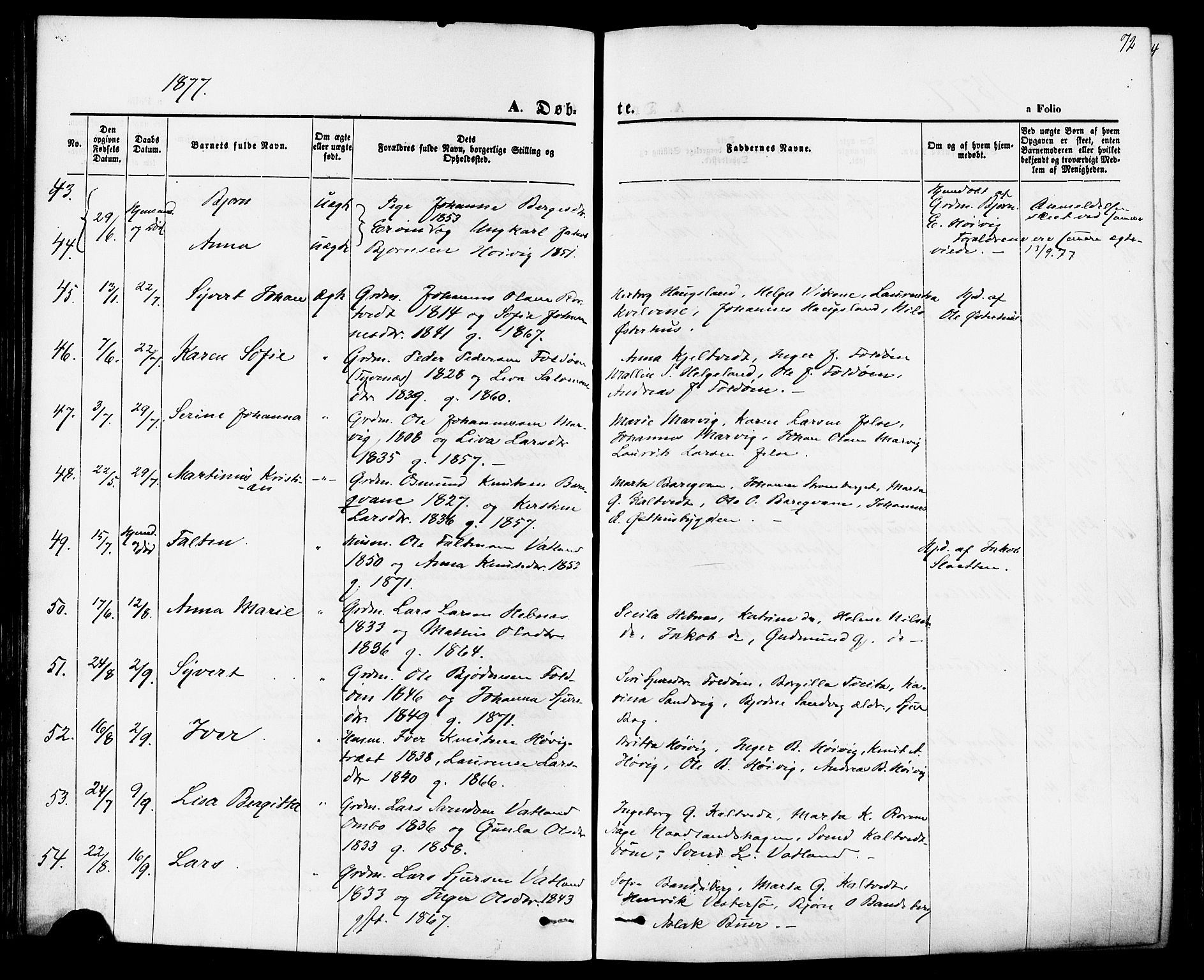 Jelsa sokneprestkontor, AV/SAST-A-101842/01/IV: Parish register (official) no. A 8, 1867-1883, p. 72