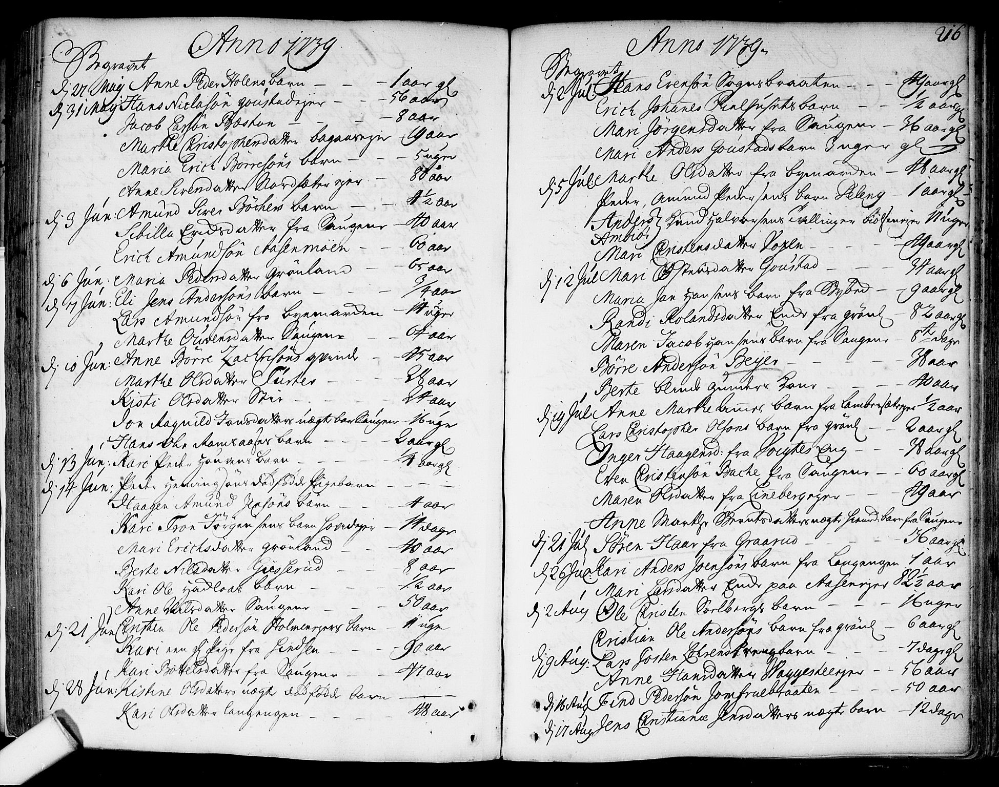Aker prestekontor kirkebøker, AV/SAO-A-10861/F/L0007: Parish register (official) no. 7, 1734-1748, p. 216