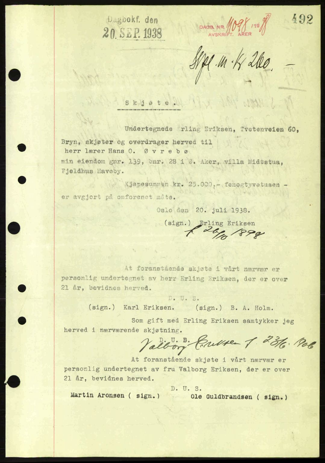 Aker herredsskriveri, SAO/A-10896/G/Gb/Gba/Gbab/L0025: Mortgage book no. A154-155, 1938-1938, Diary no: : 11098/1938