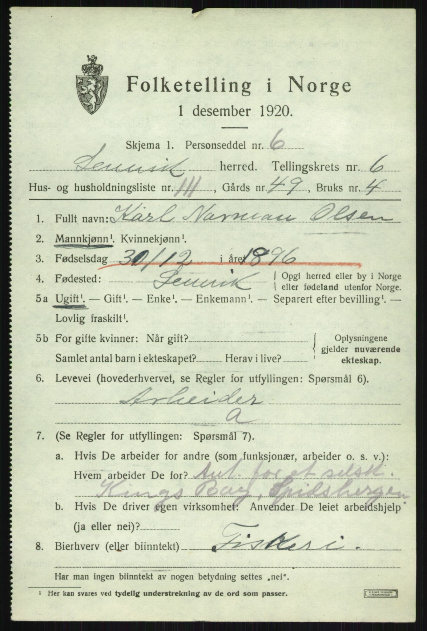 SATØ, 1920 census for Lenvik, 1920, p. 9494