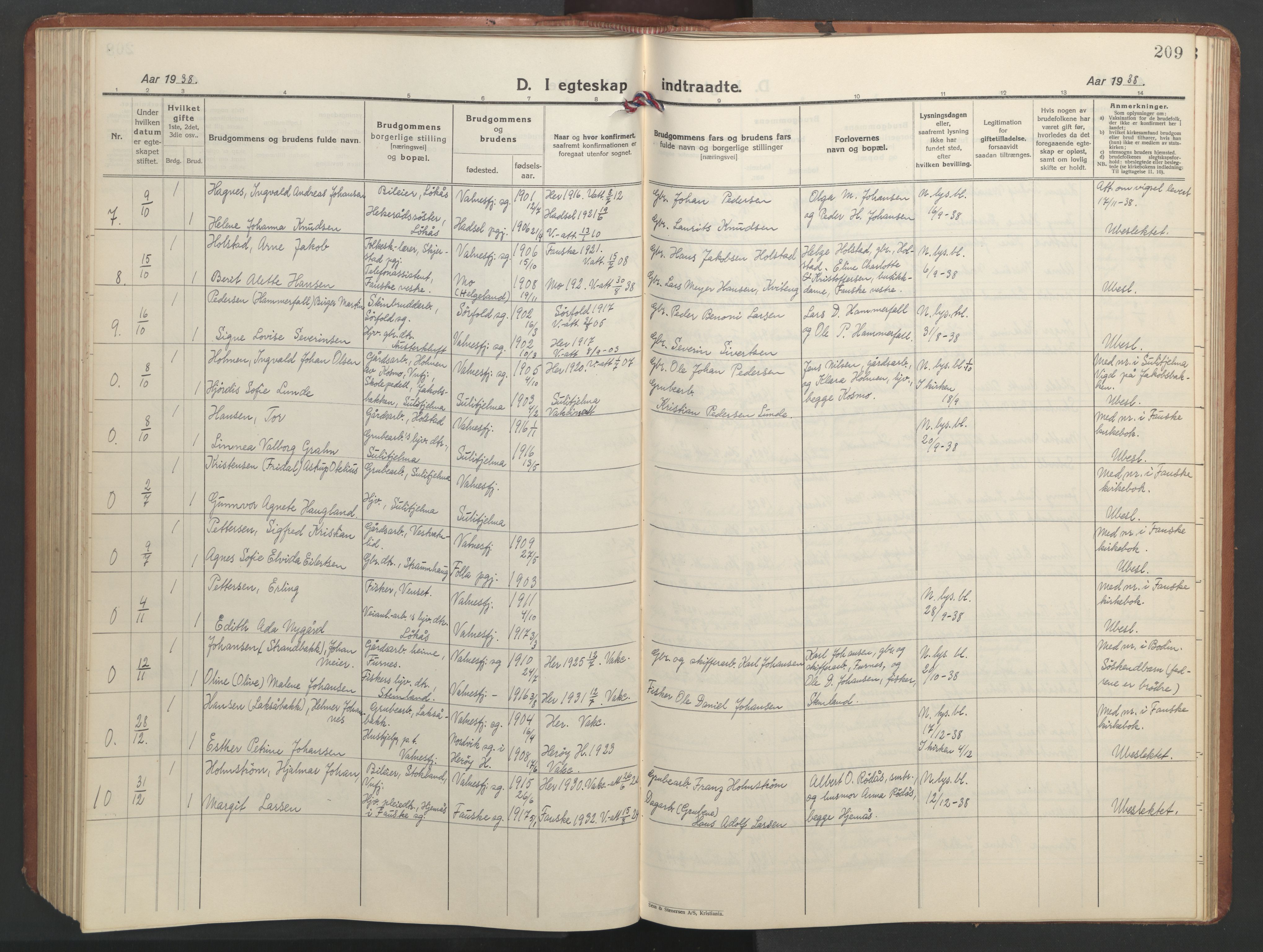 Ministerialprotokoller, klokkerbøker og fødselsregistre - Nordland, AV/SAT-A-1459/851/L0727: Parish register (copy) no. 851C02, 1925-1948, p. 209