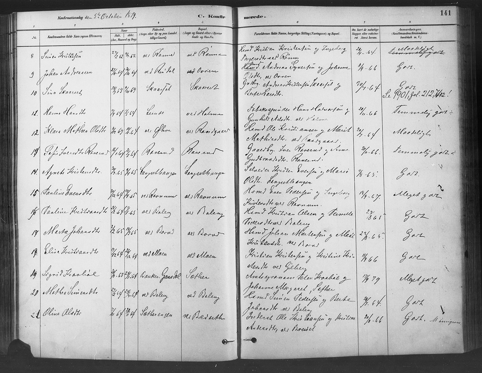 Fåberg prestekontor, SAH/PREST-086/H/Ha/Haa/L0009: Parish register (official) no. 9, 1879-1898, p. 141