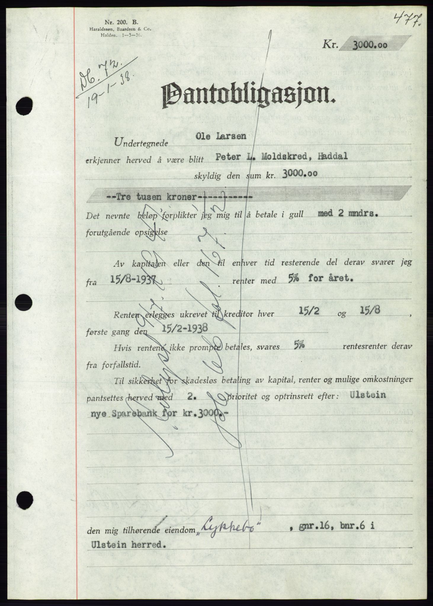 Søre Sunnmøre sorenskriveri, AV/SAT-A-4122/1/2/2C/L0064: Mortgage book no. 58, 1937-1938, Diary no: : 72/1938