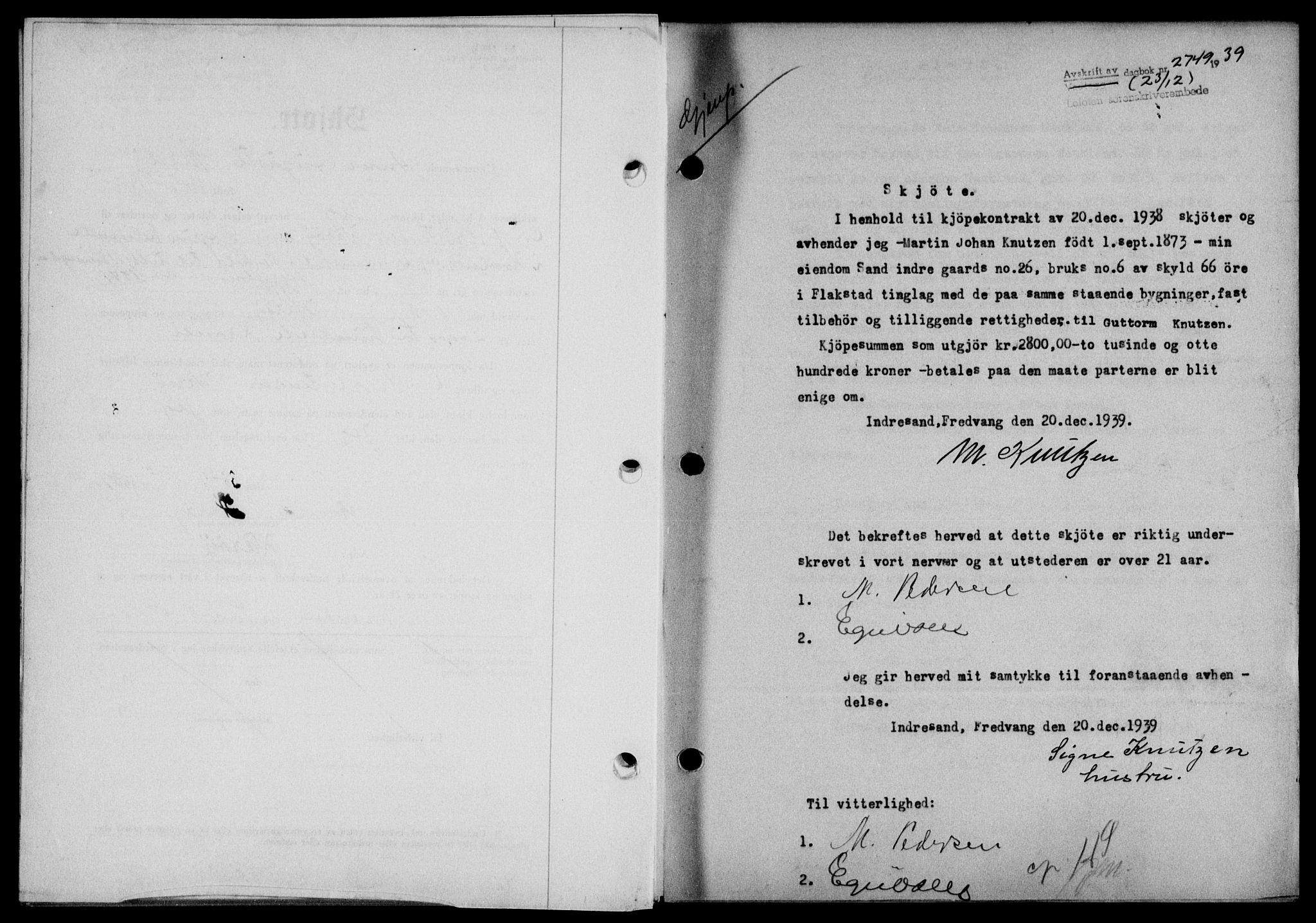 Lofoten sorenskriveri, SAT/A-0017/1/2/2C/L0007a: Mortgage book no. 7a, 1939-1940, Diary no: : 2749/1939