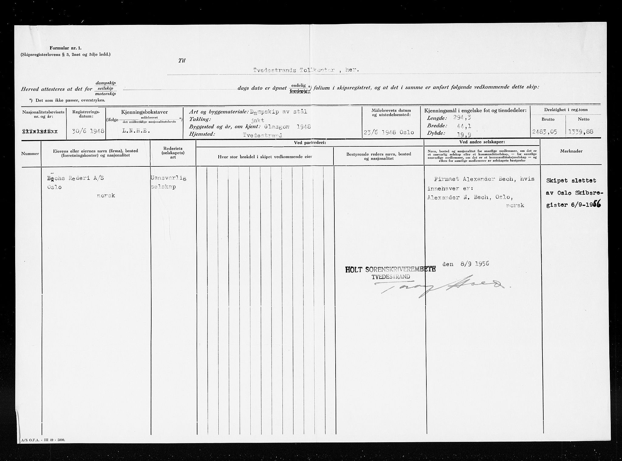 Tvedestrand tollsted, AV/SAK-1351-0011/H/Ha/L0144: Målebrev, 1871-1948, p. 260