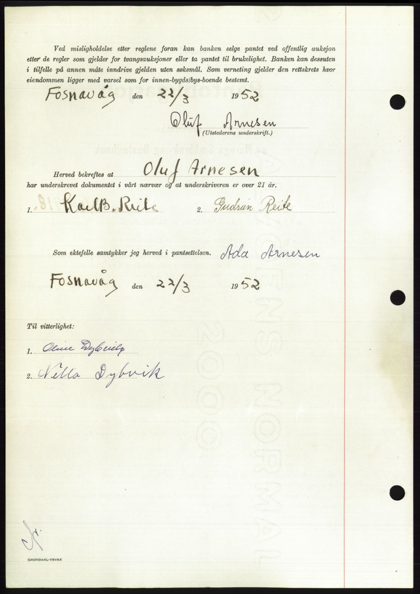 Søre Sunnmøre sorenskriveri, AV/SAT-A-4122/1/2/2C/L0121: Mortgage book no. 9B, 1951-1952, Diary no: : 611/1952