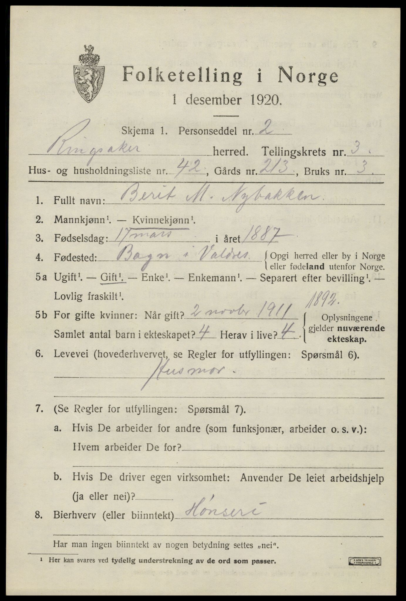 SAH, 1920 census for Ringsaker, 1920, p. 8010