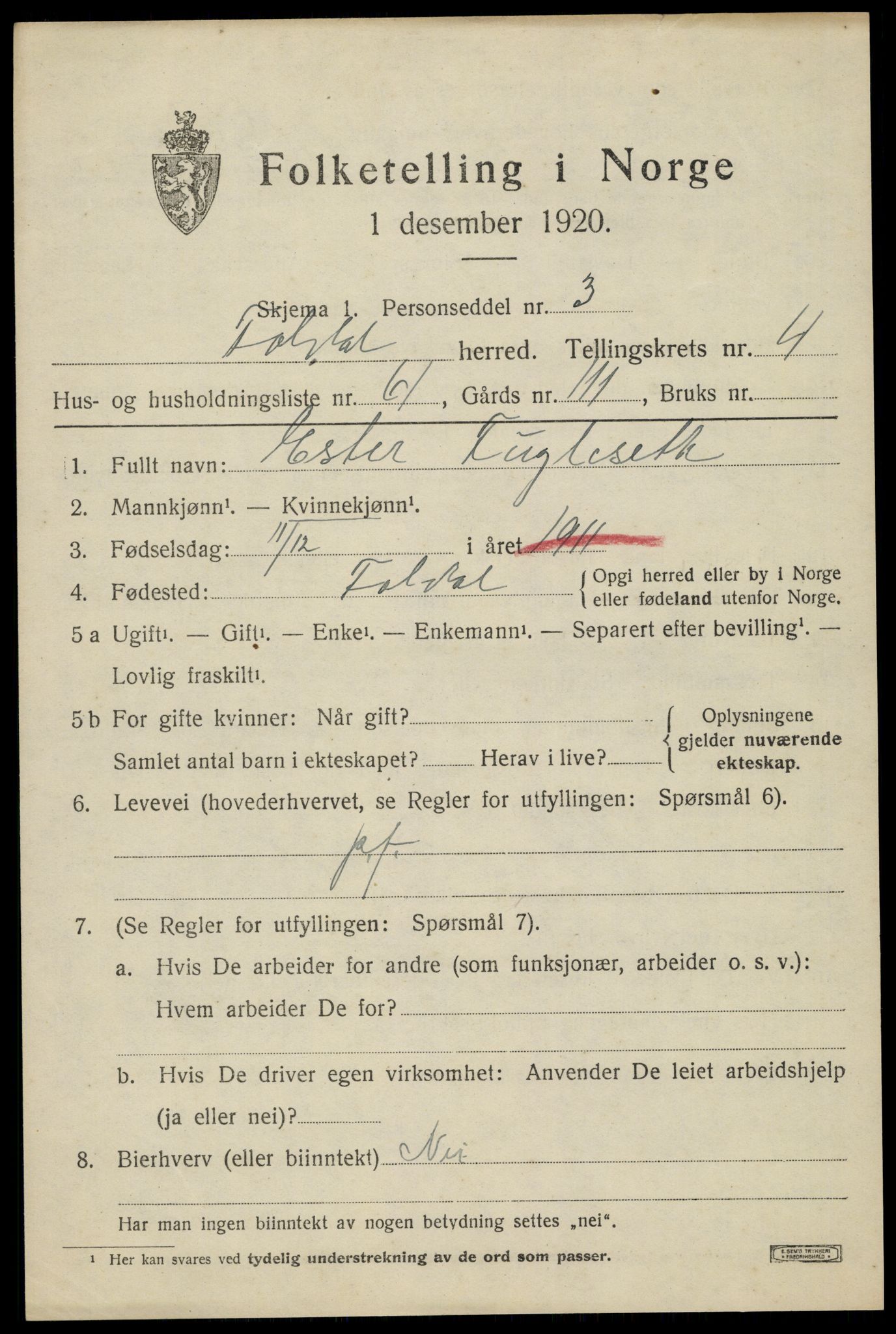 SAH, 1920 census for Folldal, 1920, p. 2977