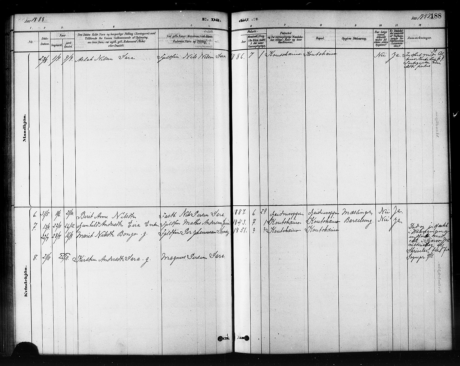 Kautokeino sokneprestembete, SATØ/S-1340/H/Hb/L0002.klokk: Parish register (copy) no. 2, 1877-1896, p. 188