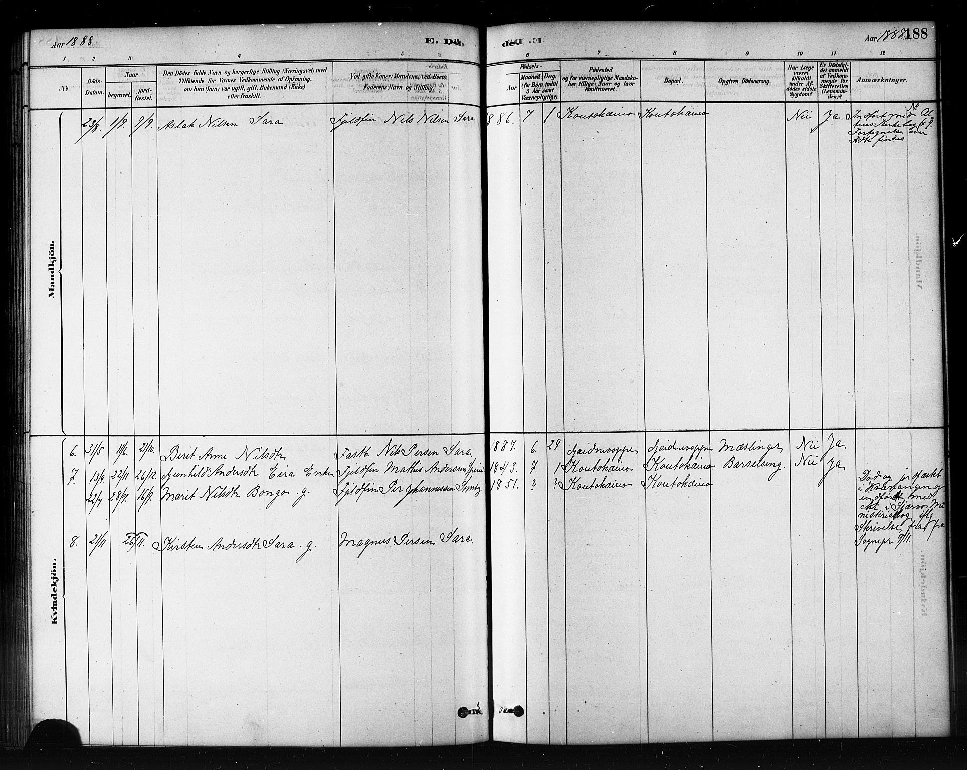 Kautokeino sokneprestembete, AV/SATØ-S-1340/H/Hb/L0002.klokk: Parish register (copy) no. 2, 1877-1896, p. 188