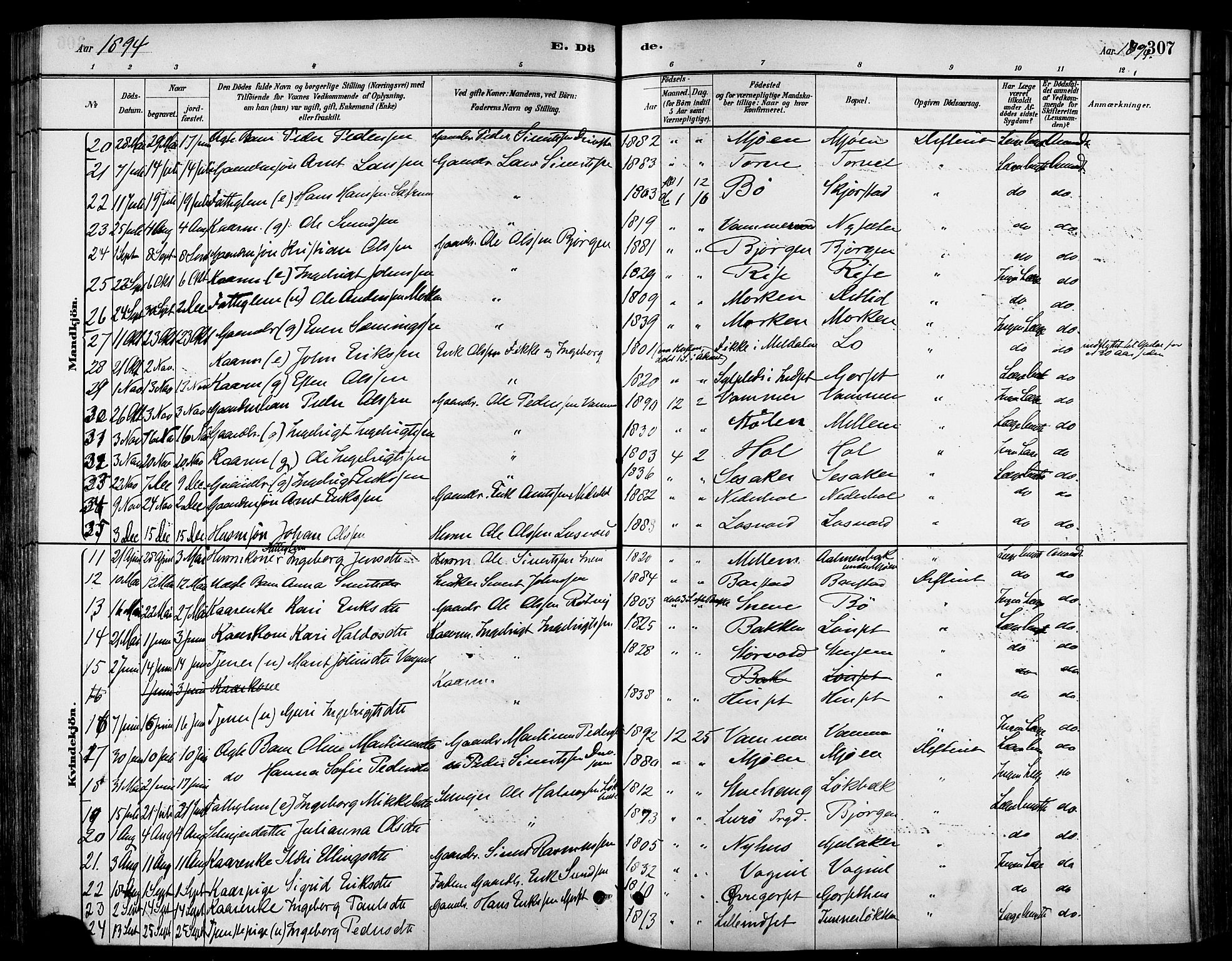 Ministerialprotokoller, klokkerbøker og fødselsregistre - Sør-Trøndelag, SAT/A-1456/678/L0901: Parish register (official) no. 678A10, 1881-1894, p. 307