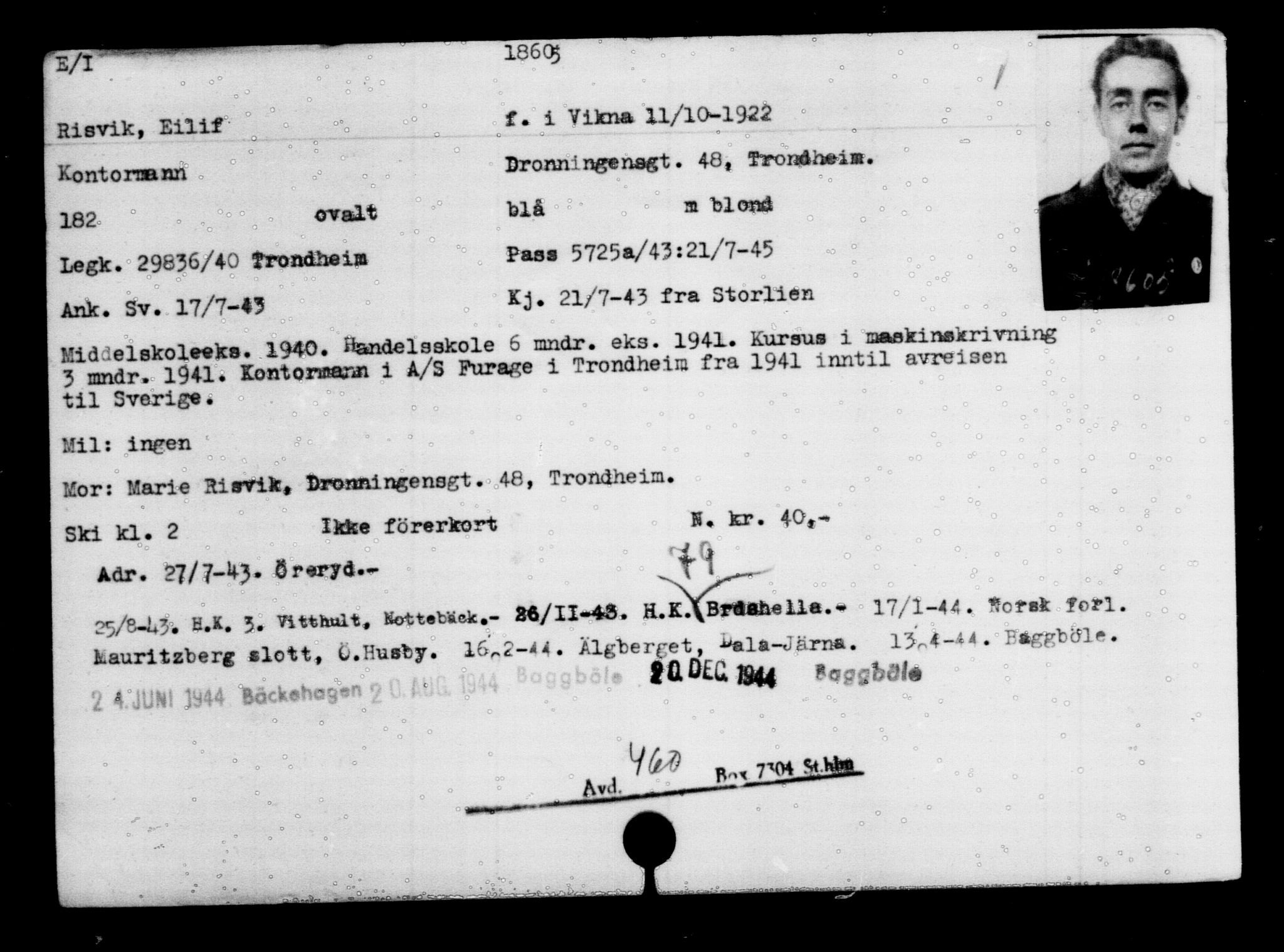 Utenriksstasjonene, Legasjonen i Stockholm, Flyktningkontoret, AV/RA-S-6753/V/Va/L0009: Kjesäterkartoteket, flyktninger med registreringsnr. 18502-22048, 1940-1945, p. 126