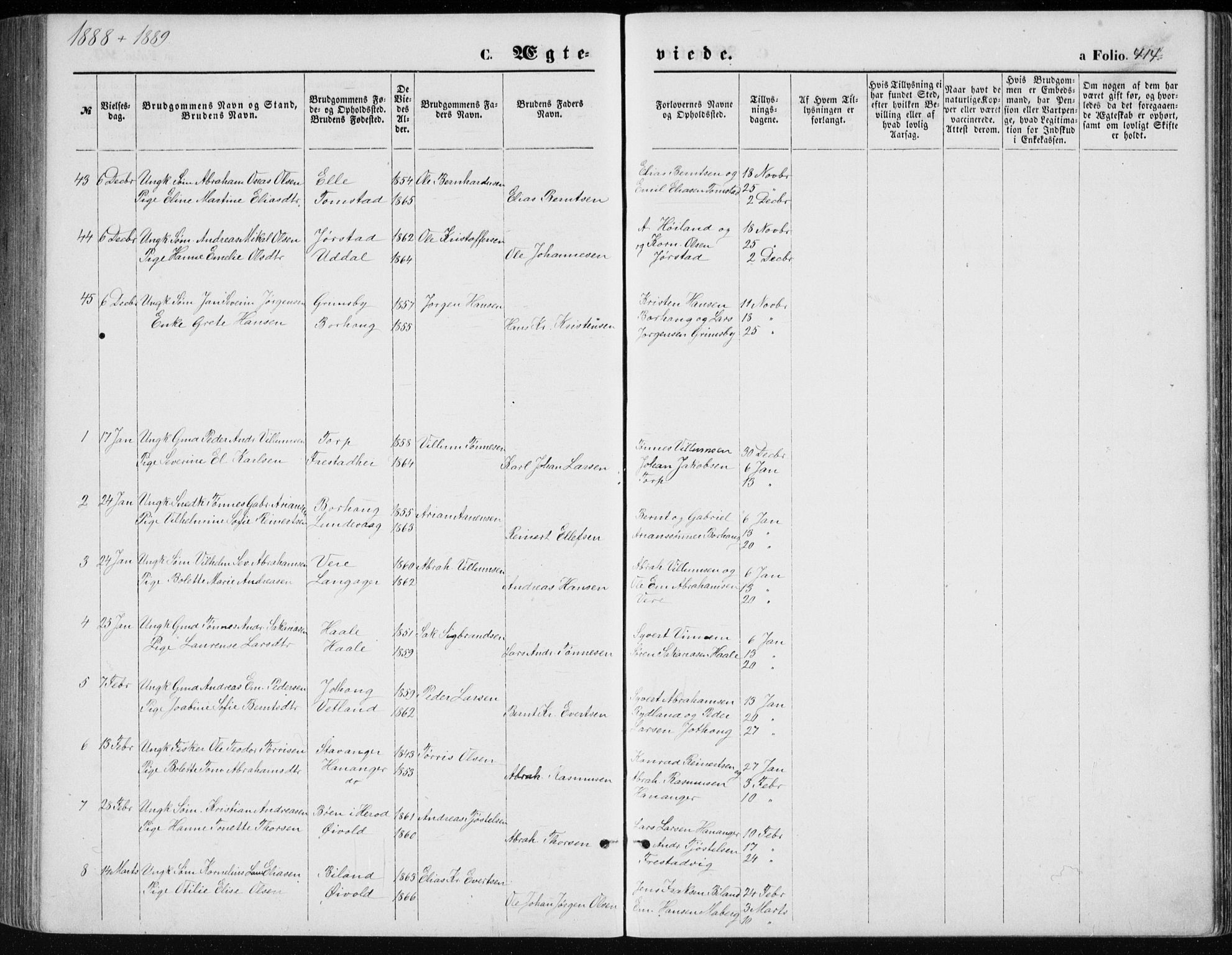 Lista sokneprestkontor, AV/SAK-1111-0027/F/Fb/L0004: Parish register (copy) no. B 4, 1877-1891, p. 414