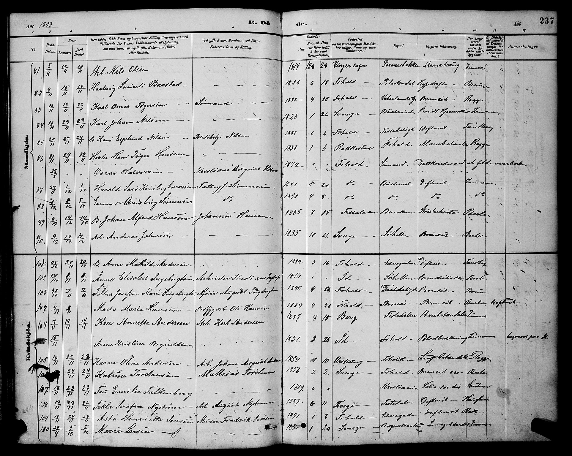 Halden prestekontor Kirkebøker, SAO/A-10909/G/Ga/L0009: Parish register (copy) no. 9, 1885-1908, p. 237