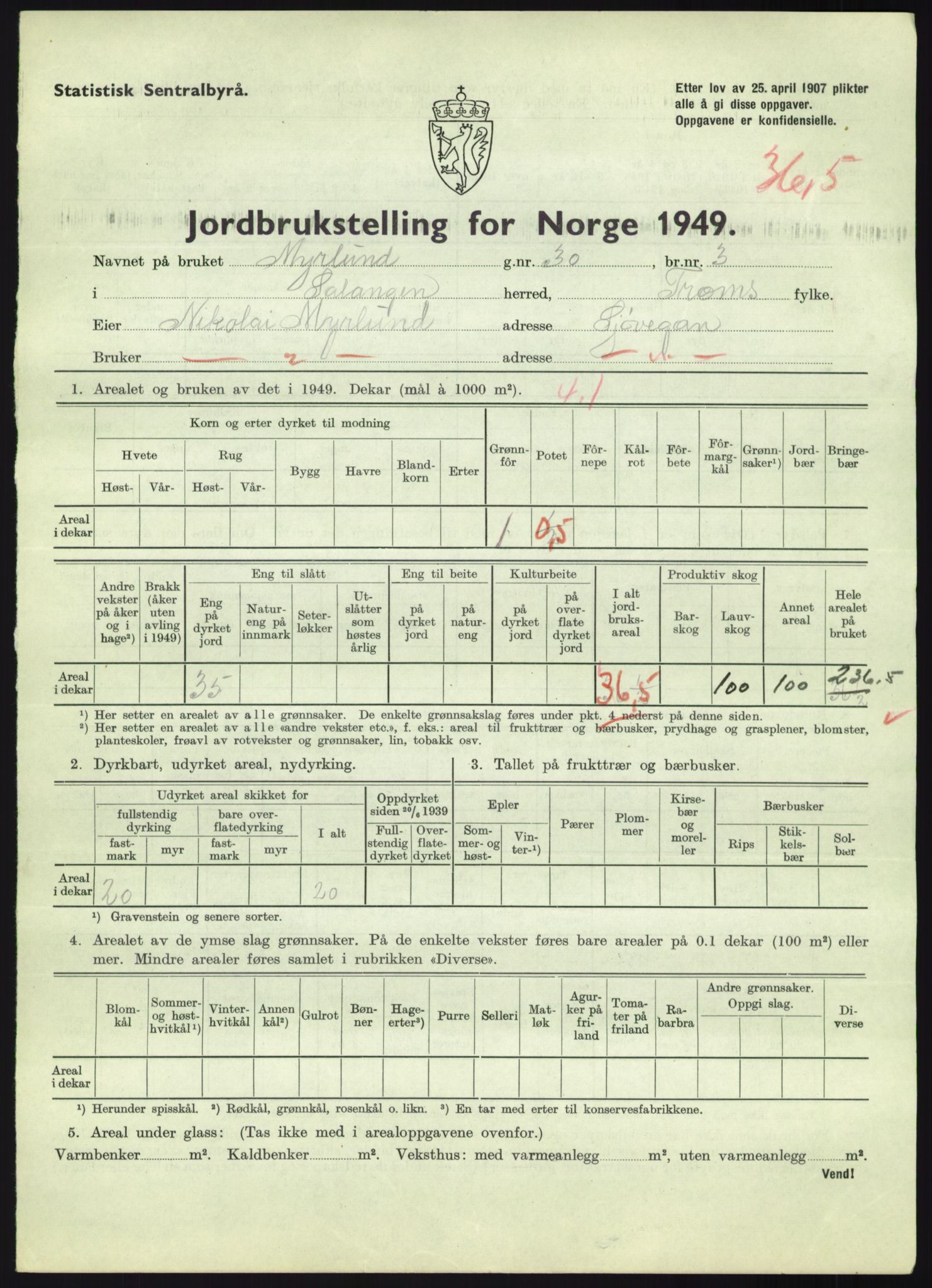 Statistisk sentralbyrå, Næringsøkonomiske emner, Jordbruk, skogbruk, jakt, fiske og fangst, AV/RA-S-2234/G/Gc/L0438: Troms: Salangen og Bardu, 1949, p. 767