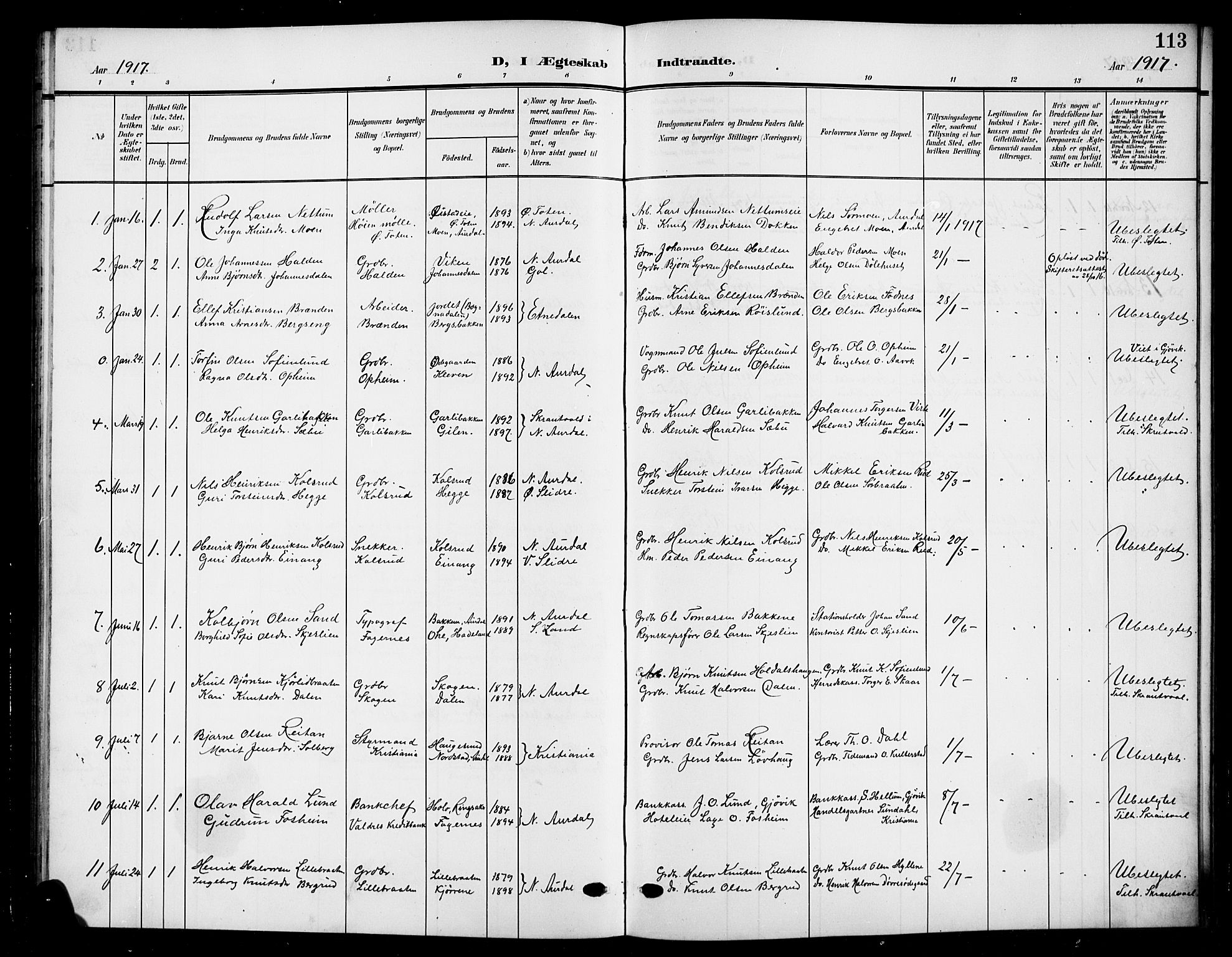 Nord-Aurdal prestekontor, AV/SAH-PREST-132/H/Ha/Hab/L0012: Parish register (copy) no. 12, 1907-1920, p. 113