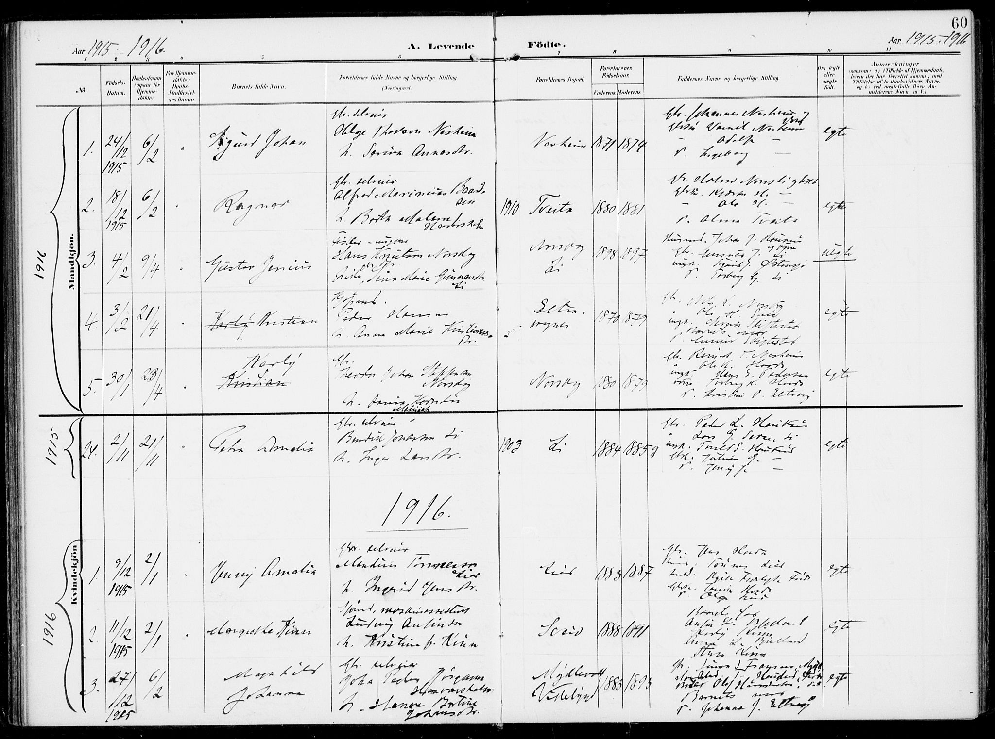 Sveio Sokneprestembete, AV/SAB-A-78501/H/Haa: Parish register (official) no. B  4, 1906-1919, p. 60