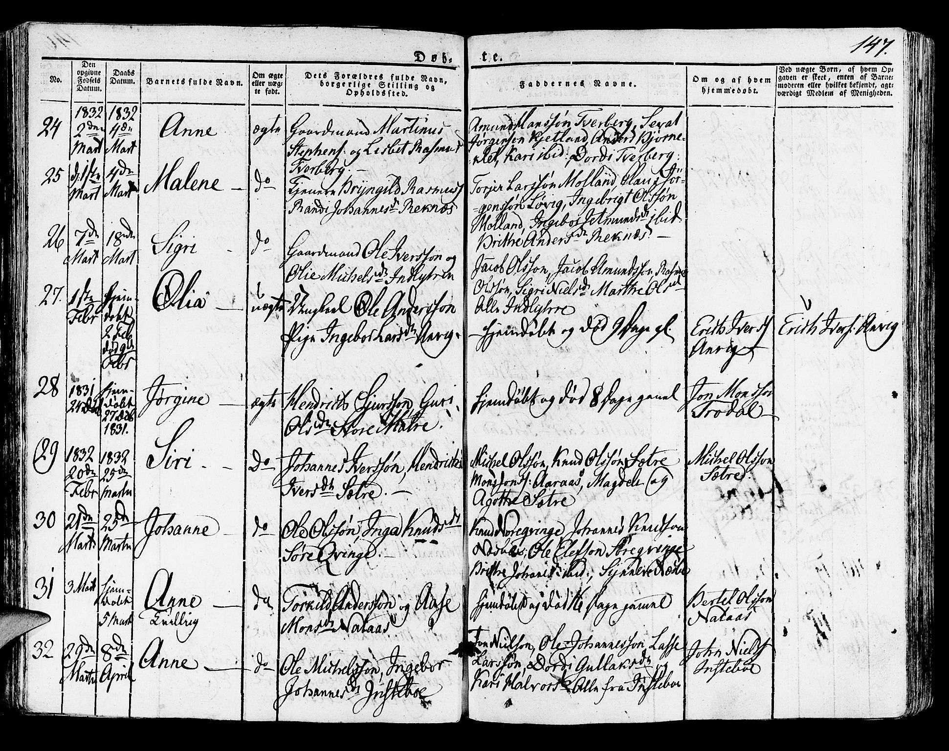 Lindås Sokneprestembete, SAB/A-76701/H/Haa: Parish register (official) no. A 8, 1823-1836, p. 147