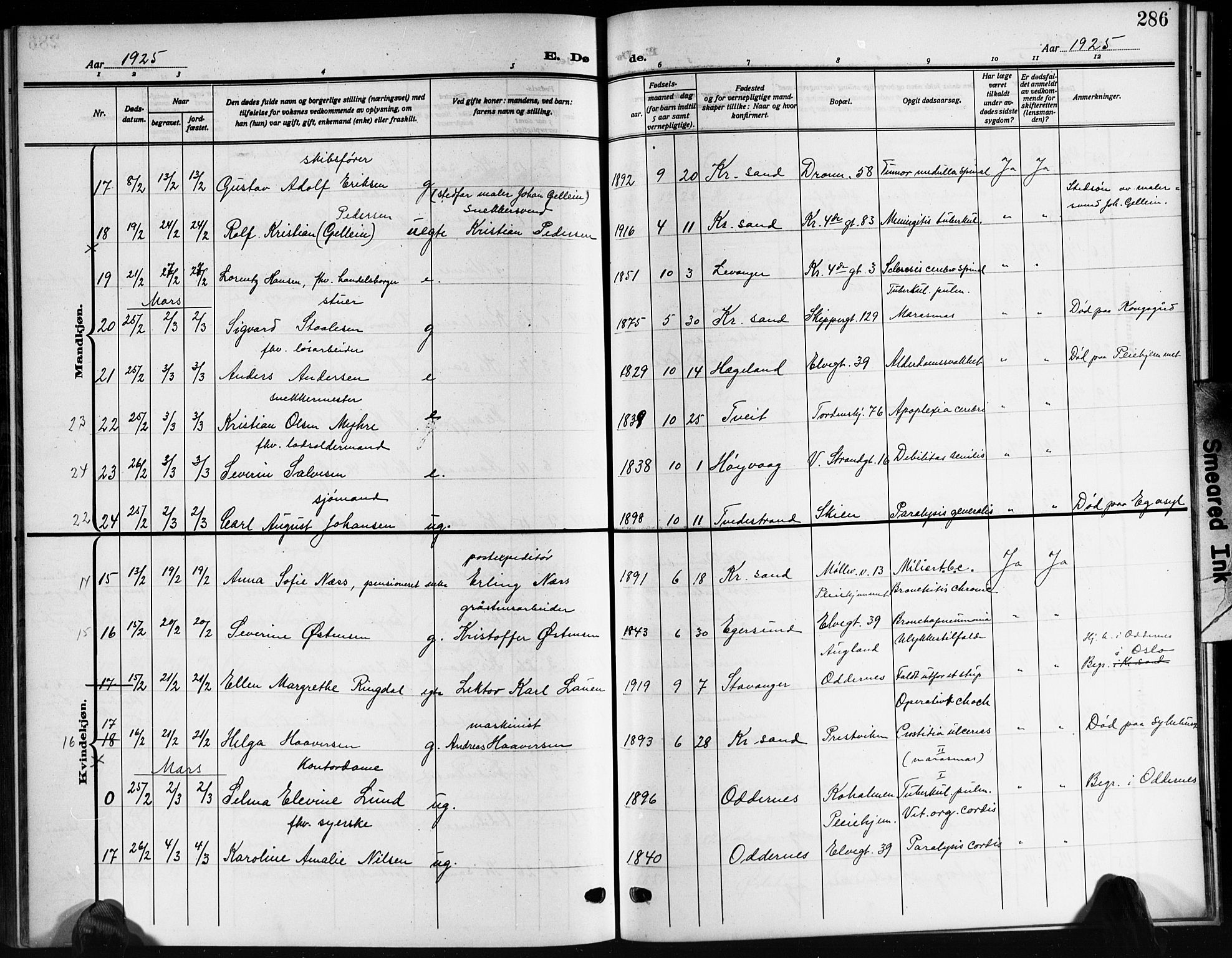 Kristiansand domprosti, SAK/1112-0006/F/Fb/L0022: Parish register (copy) no. B 22, 1915-1925, p. 286