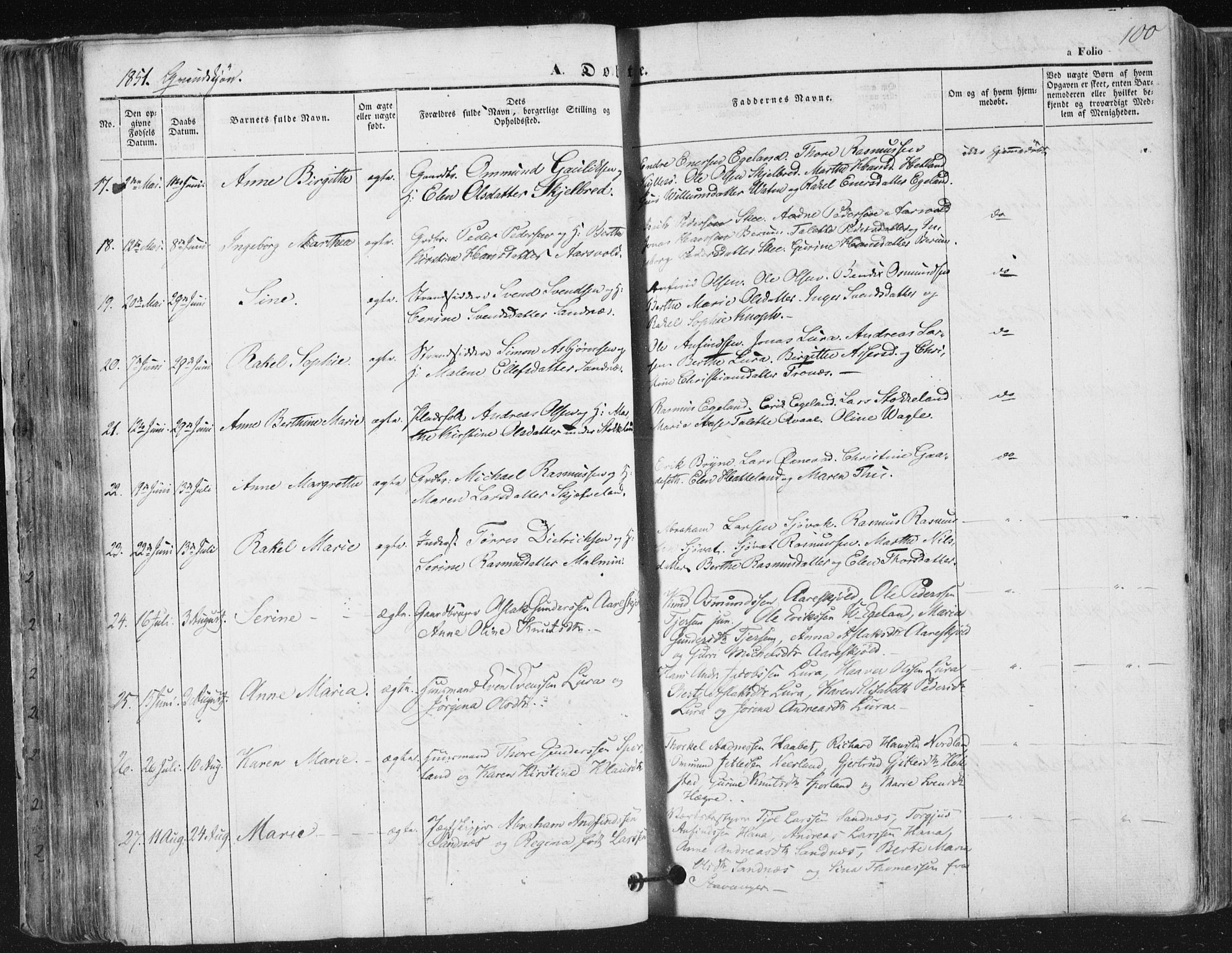 Høyland sokneprestkontor, AV/SAST-A-101799/001/30BA/L0008: Parish register (official) no. A 8, 1841-1856, p. 100