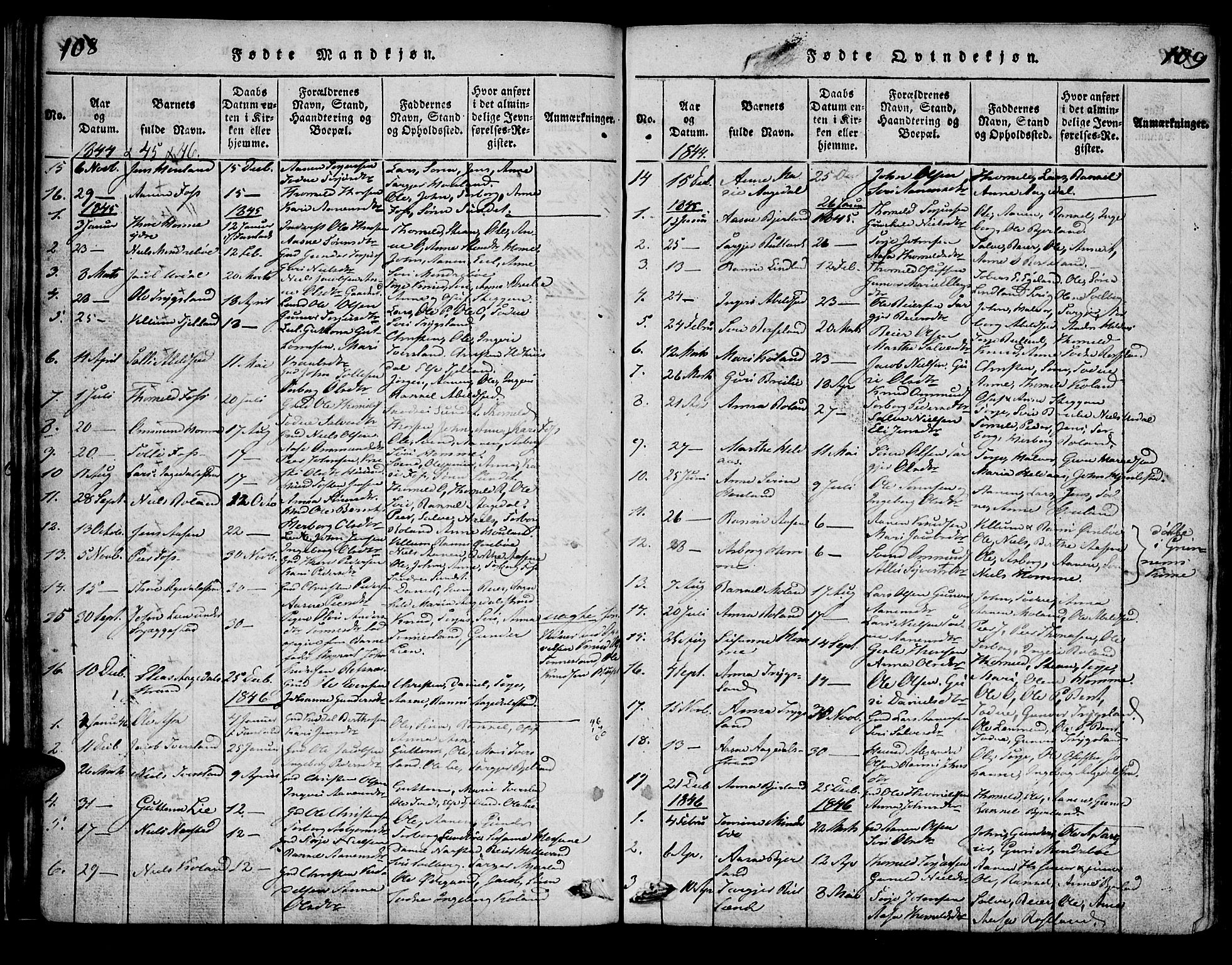 Bjelland sokneprestkontor, SAK/1111-0005/F/Fa/Faa/L0002: Parish register (official) no. A 2, 1816-1866, p. 108-109