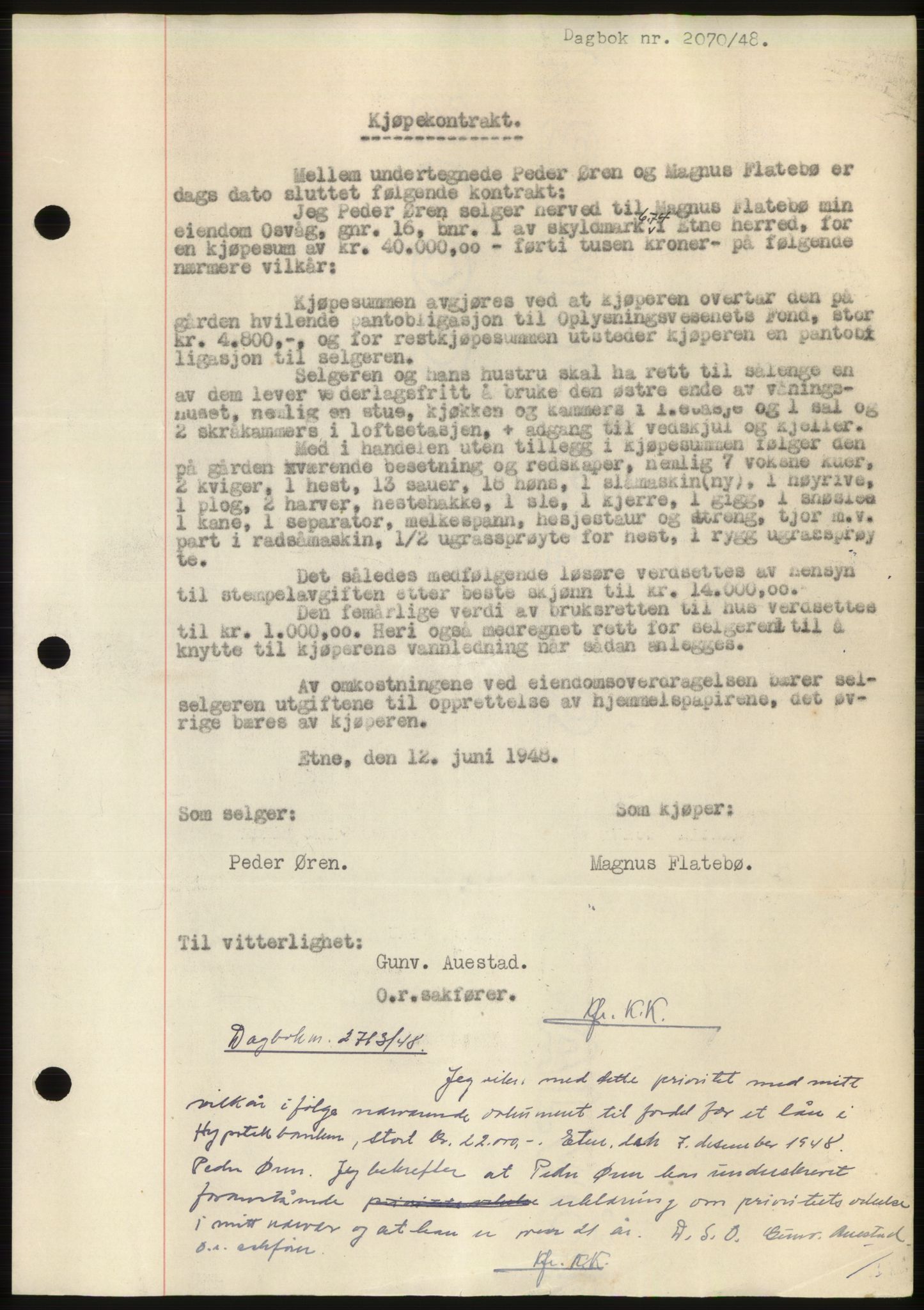 Sunnhordland sorenskrivar, AV/SAB-A-2401: Mortgage book no. B75-79, 1948-1950, Diary no: : 2070/1948