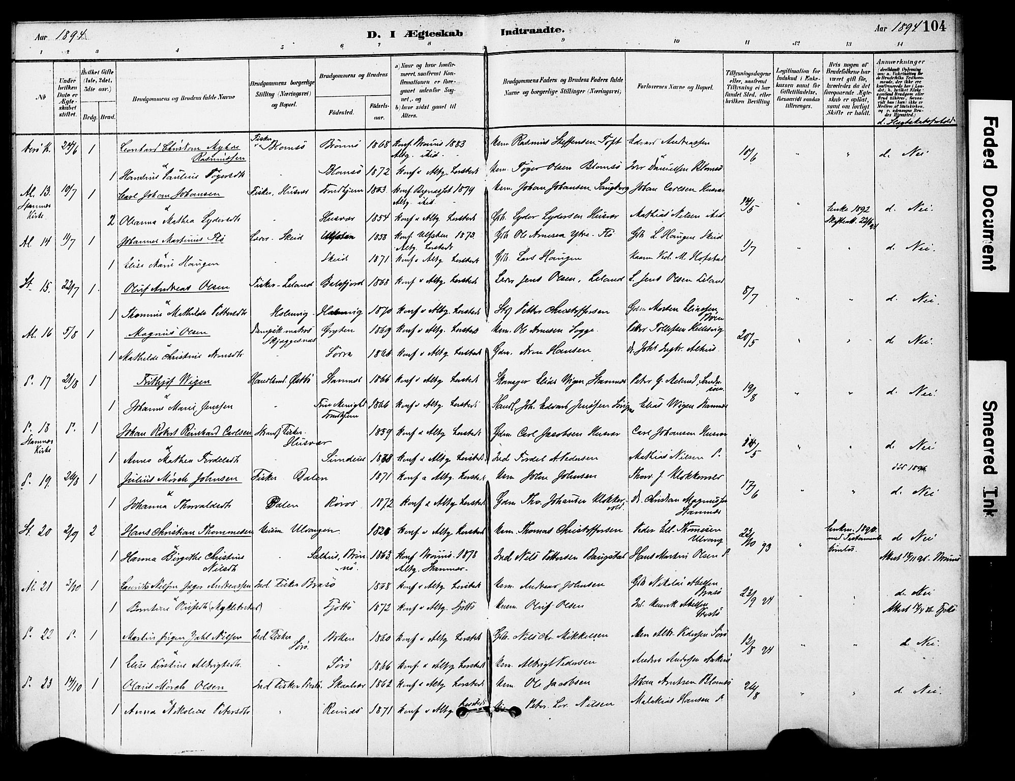 Ministerialprotokoller, klokkerbøker og fødselsregistre - Nordland, SAT/A-1459/830/L0450: Parish register (official) no. 830A14, 1879-1896, p. 104