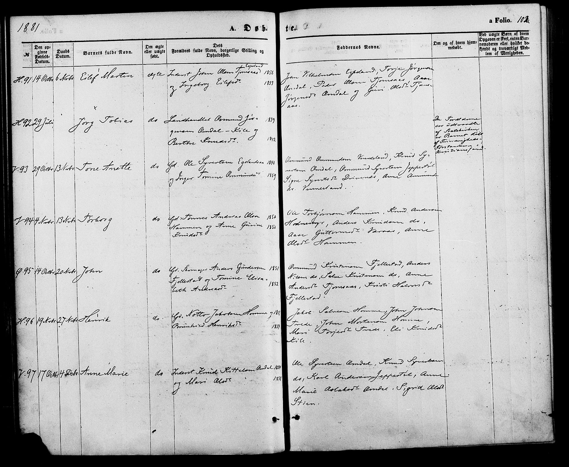 Vennesla sokneprestkontor, AV/SAK-1111-0045/Fa/Fac/L0008: Parish register (official) no. A 8, 1874-1883, p. 102