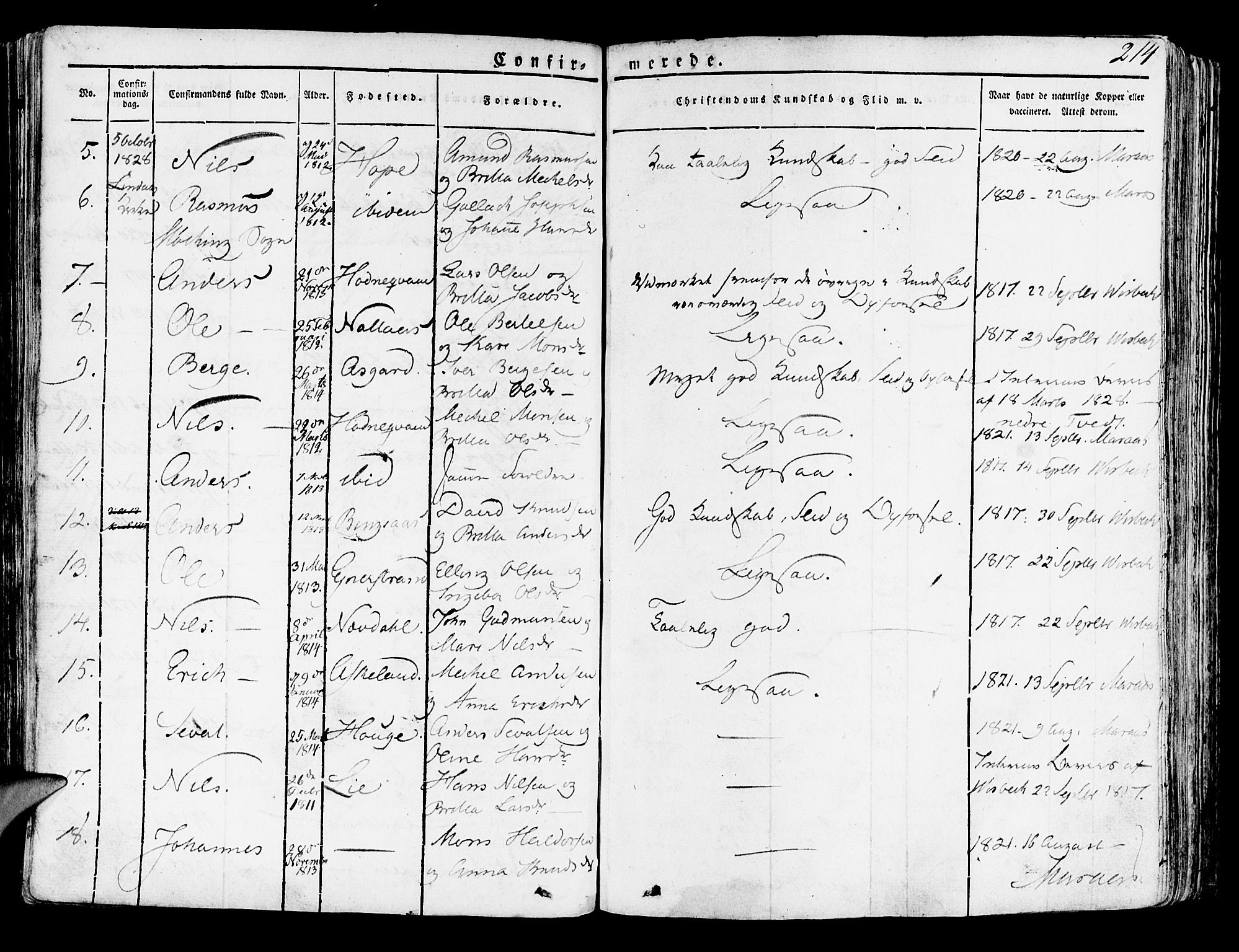 Lindås Sokneprestembete, SAB/A-76701/H/Haa: Parish register (official) no. A 8, 1823-1836, p. 214