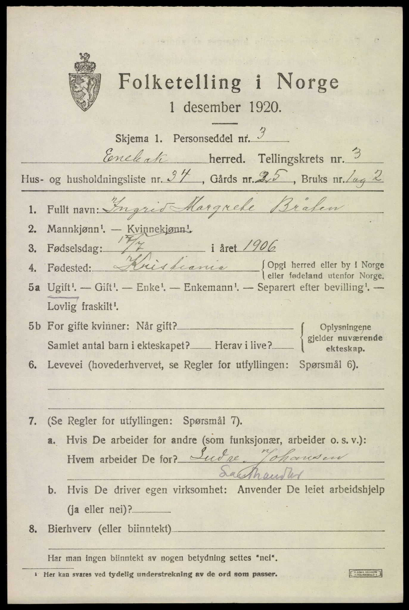 SAO, 1920 census for Enebakk, 1920, p. 3125