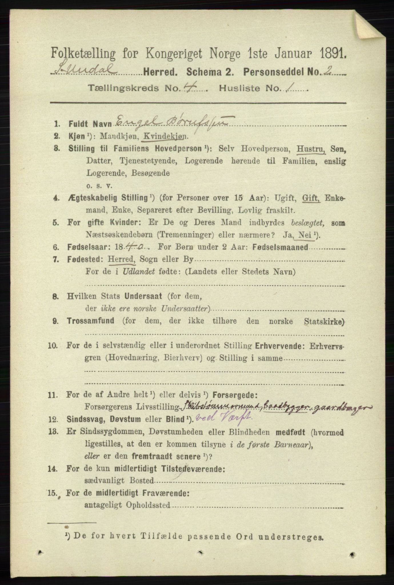 RA, 1891 census for 1029 Sør-Audnedal, 1891, p. 1410