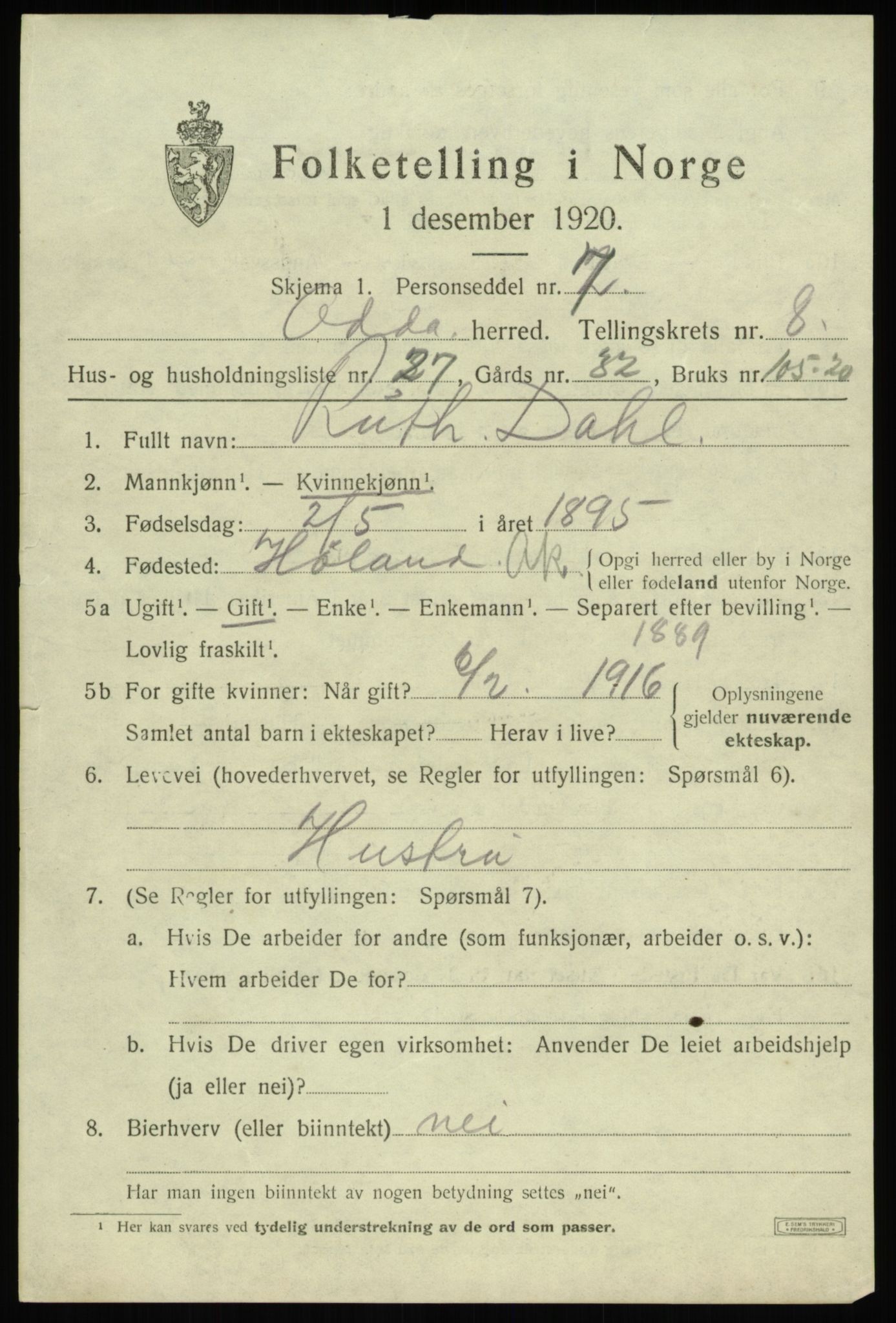 SAB, 1920 census for Odda, 1920, p. 7377